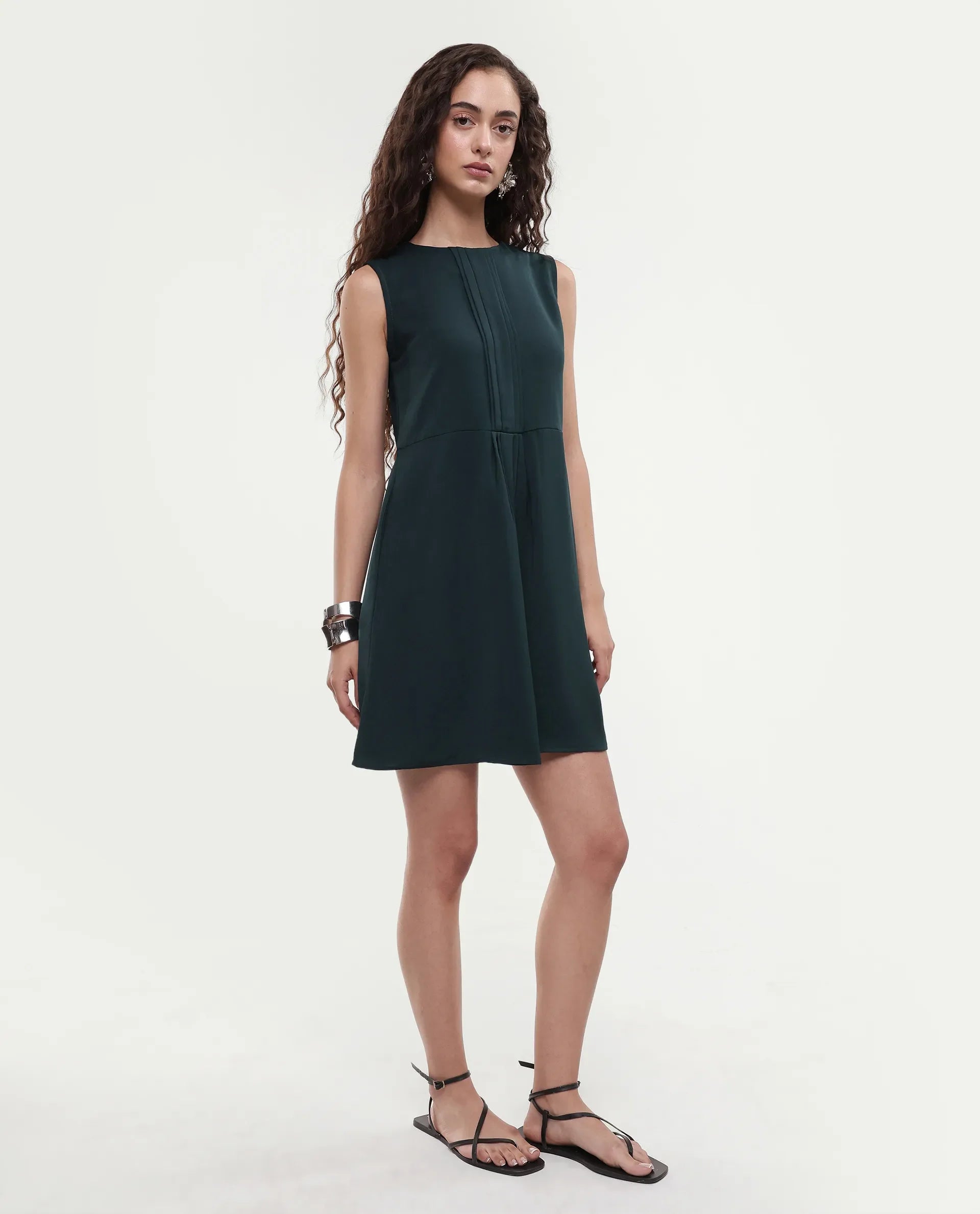 Rareism Women's Roux Olive Polyester Blend Crew Neck Plain Sleeveless Mini Fit And Flare Dress