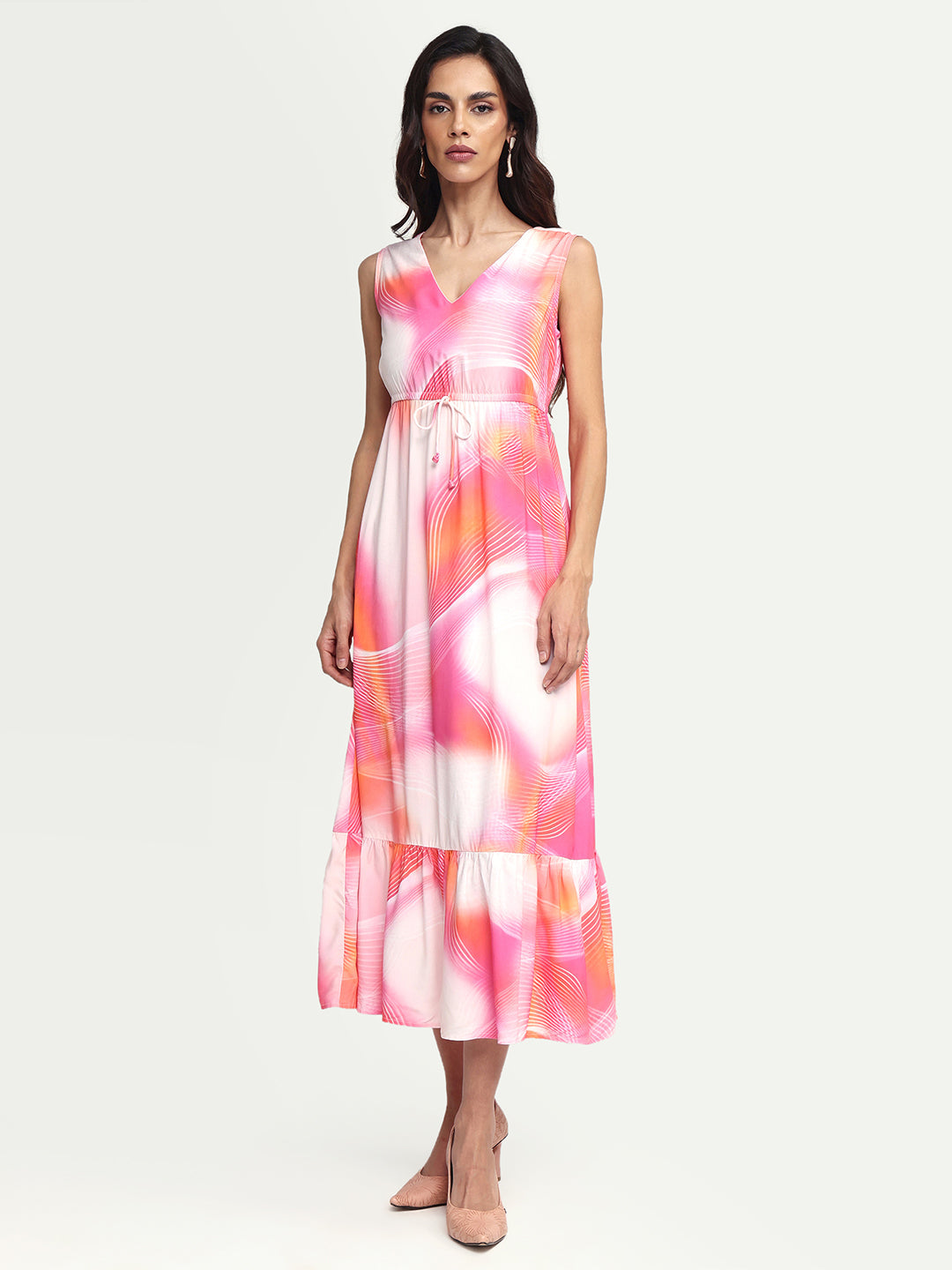 Rareism Women's Luanda Multi Viscose V-Neck Abstract Print Sleeveless Maxi Fit And Flare Dress