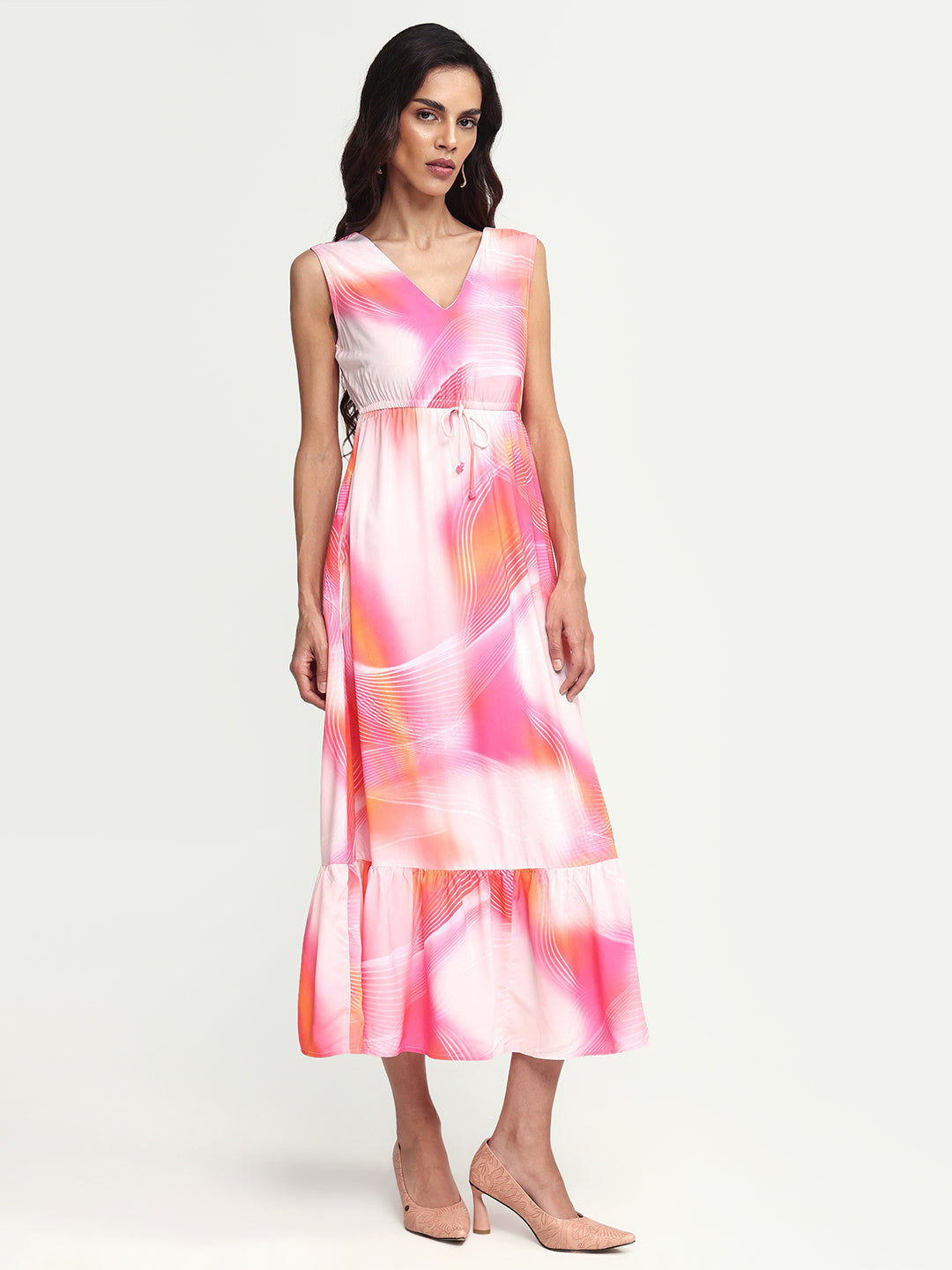 Rareism Women's Luanda Multi Viscose V-Neck Abstract Print Sleeveless Maxi Fit And Flare Dress