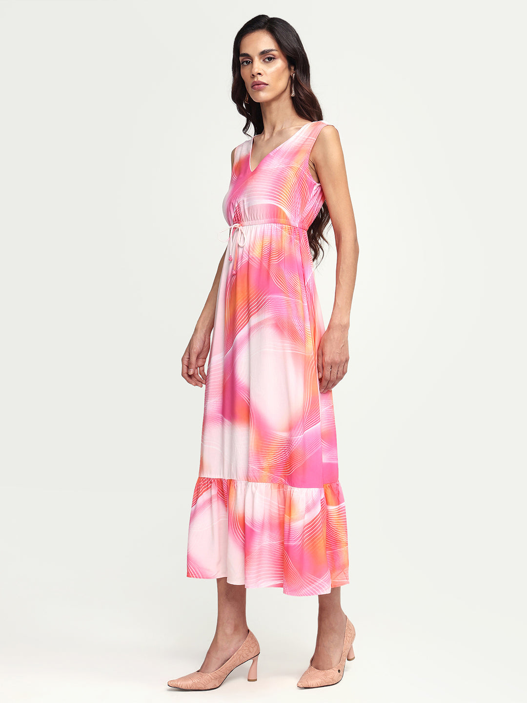 Rareism Women's Luanda Multi Viscose V-Neck Abstract Print Sleeveless Maxi Fit And Flare Dress