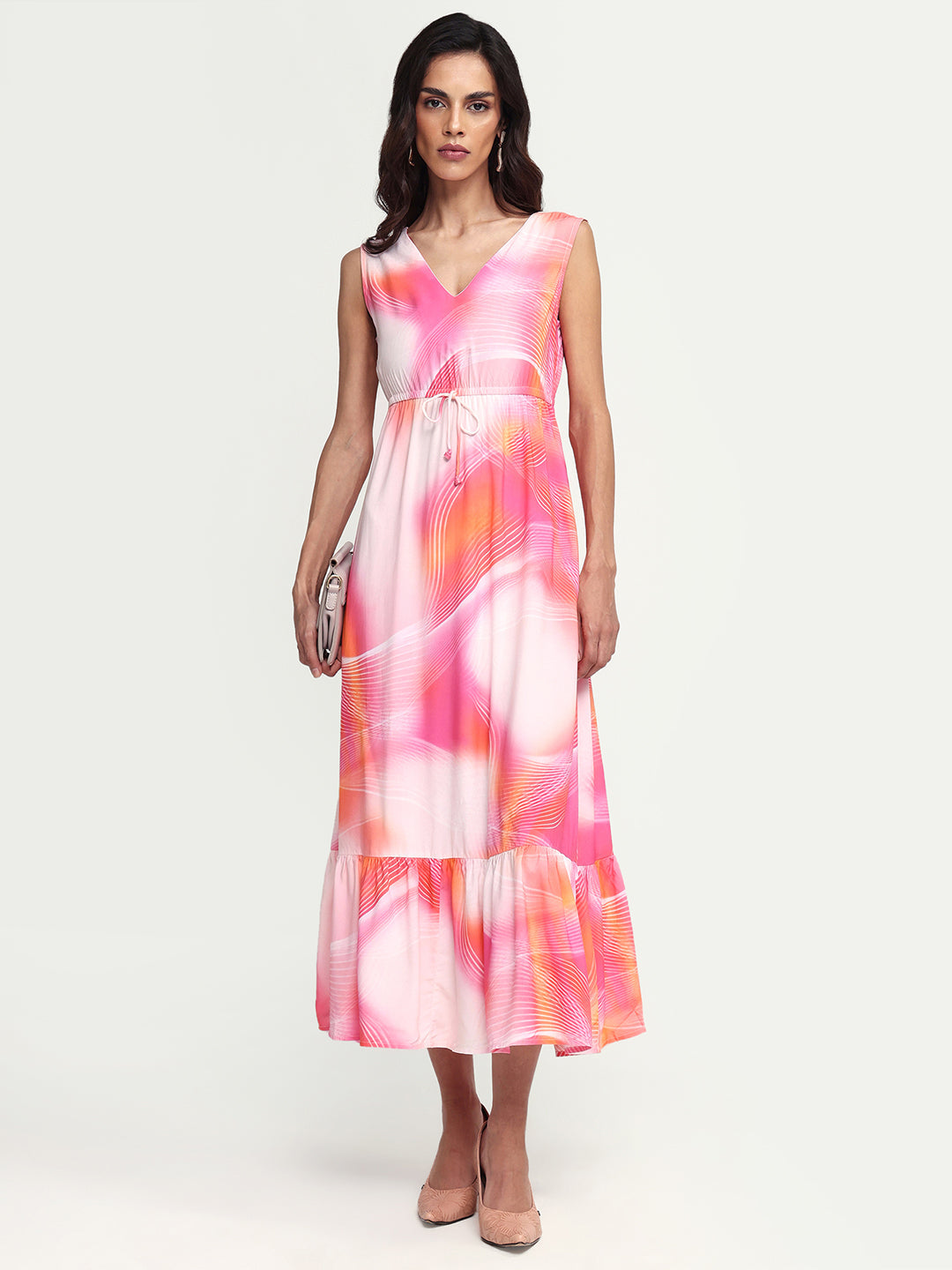Rareism Women's Luanda Multi Viscose V-Neck Abstract Print Sleeveless Maxi Fit And Flare Dress