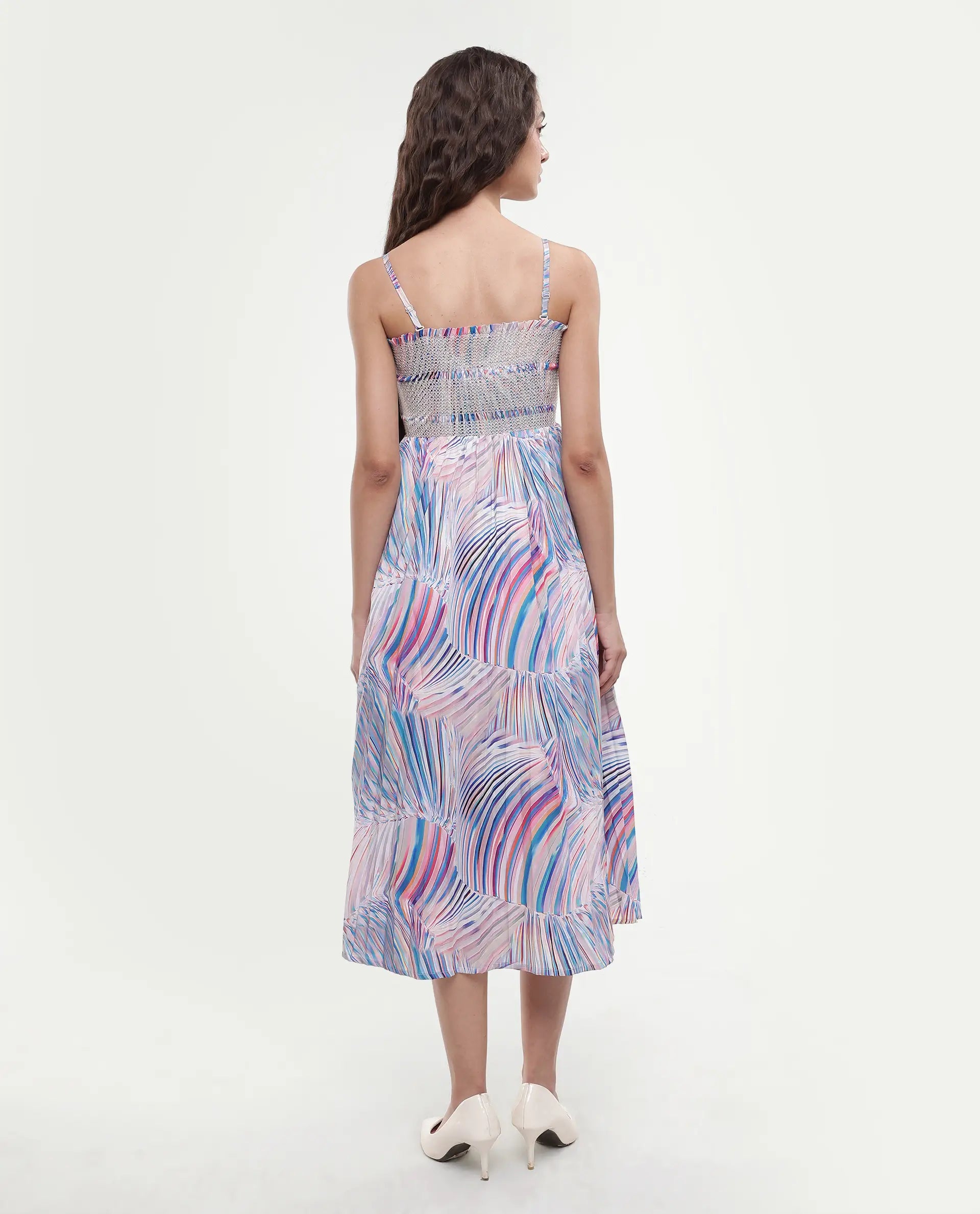 Rareism Women's Shanks Multi Polyester Blend Shoulder Strap Abstract Print Sleeveless Midi Fit And Flare Dress