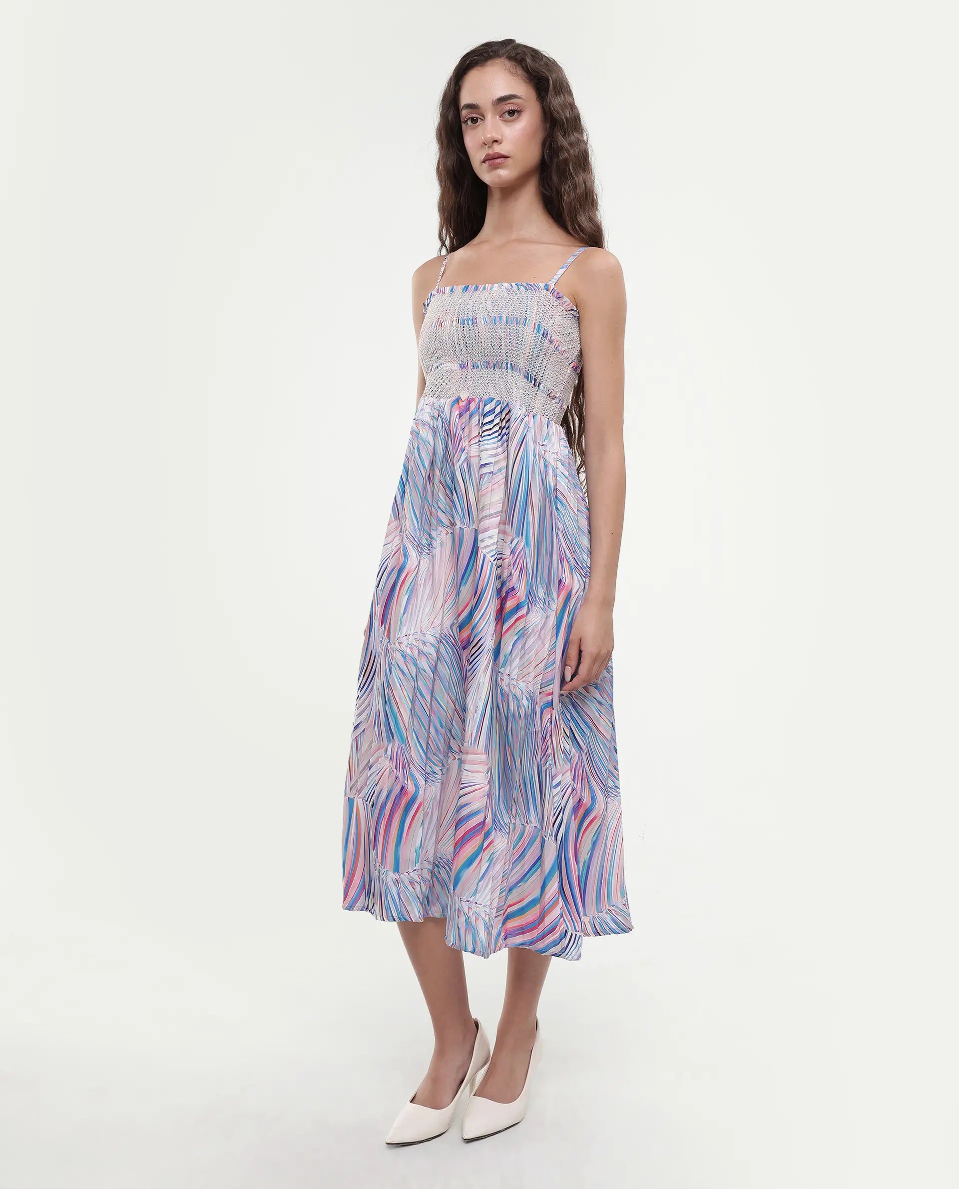 Rareism Women's Shanks Multi Polyester Blend Shoulder Strap Abstract Print Sleeveless Midi Fit And Flare Dress