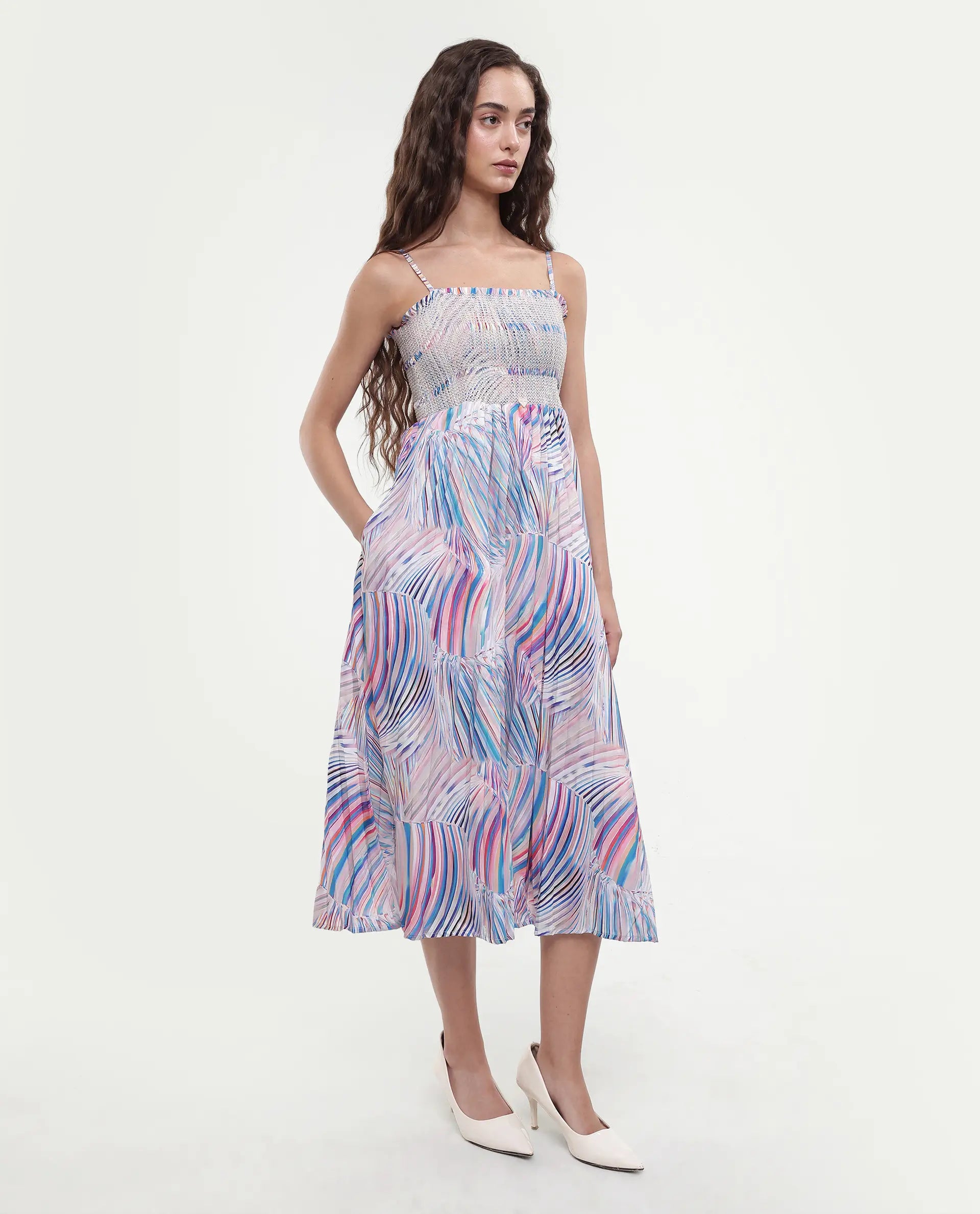 Rareism Women's Shanks Multi Polyester Blend Shoulder Strap Abstract Print Sleeveless Midi Fit And Flare Dress