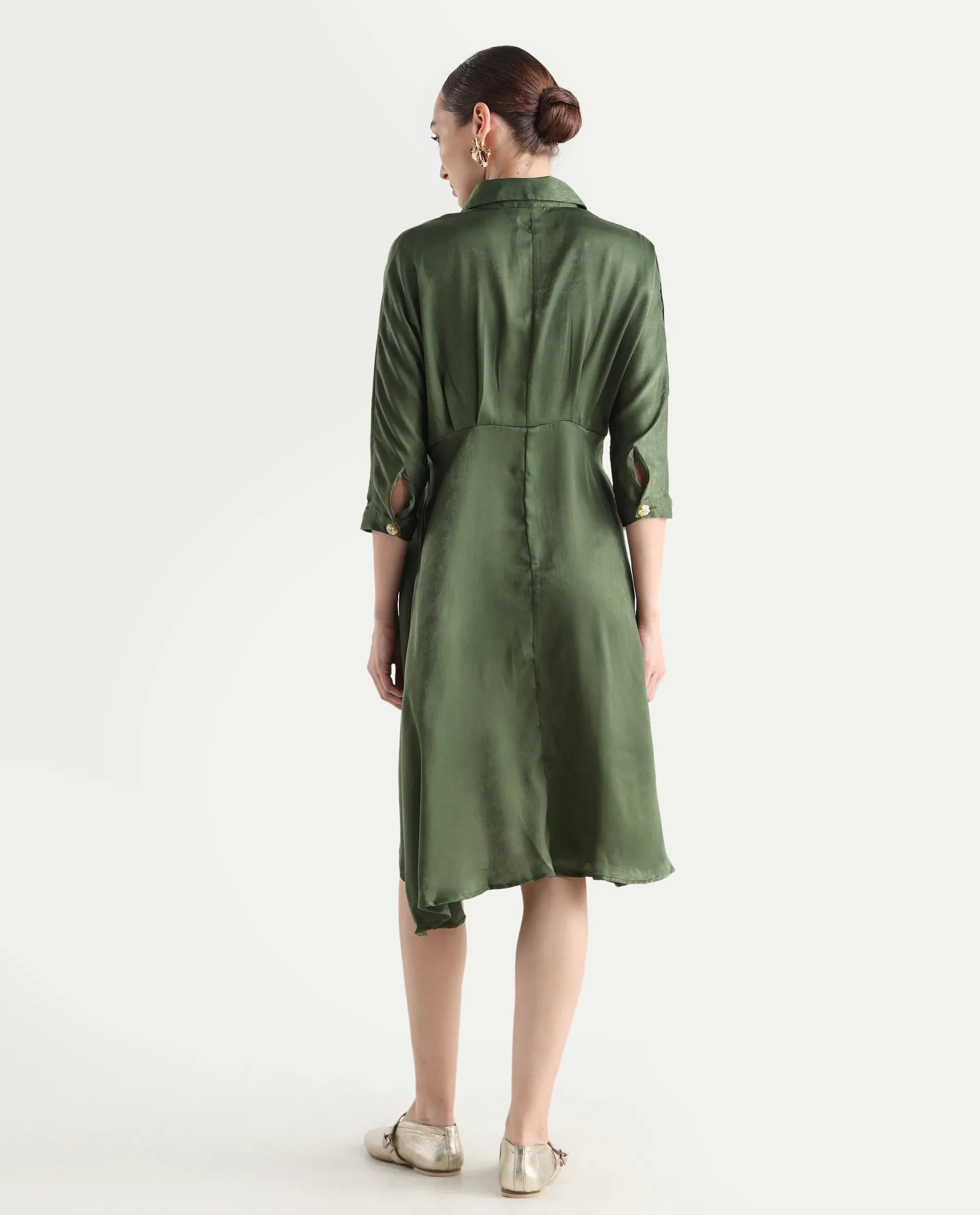 Rareism Women's Airbaz Olive Velvet Spread Collar Plain Kimono Sleeve Midi A-Line Dress