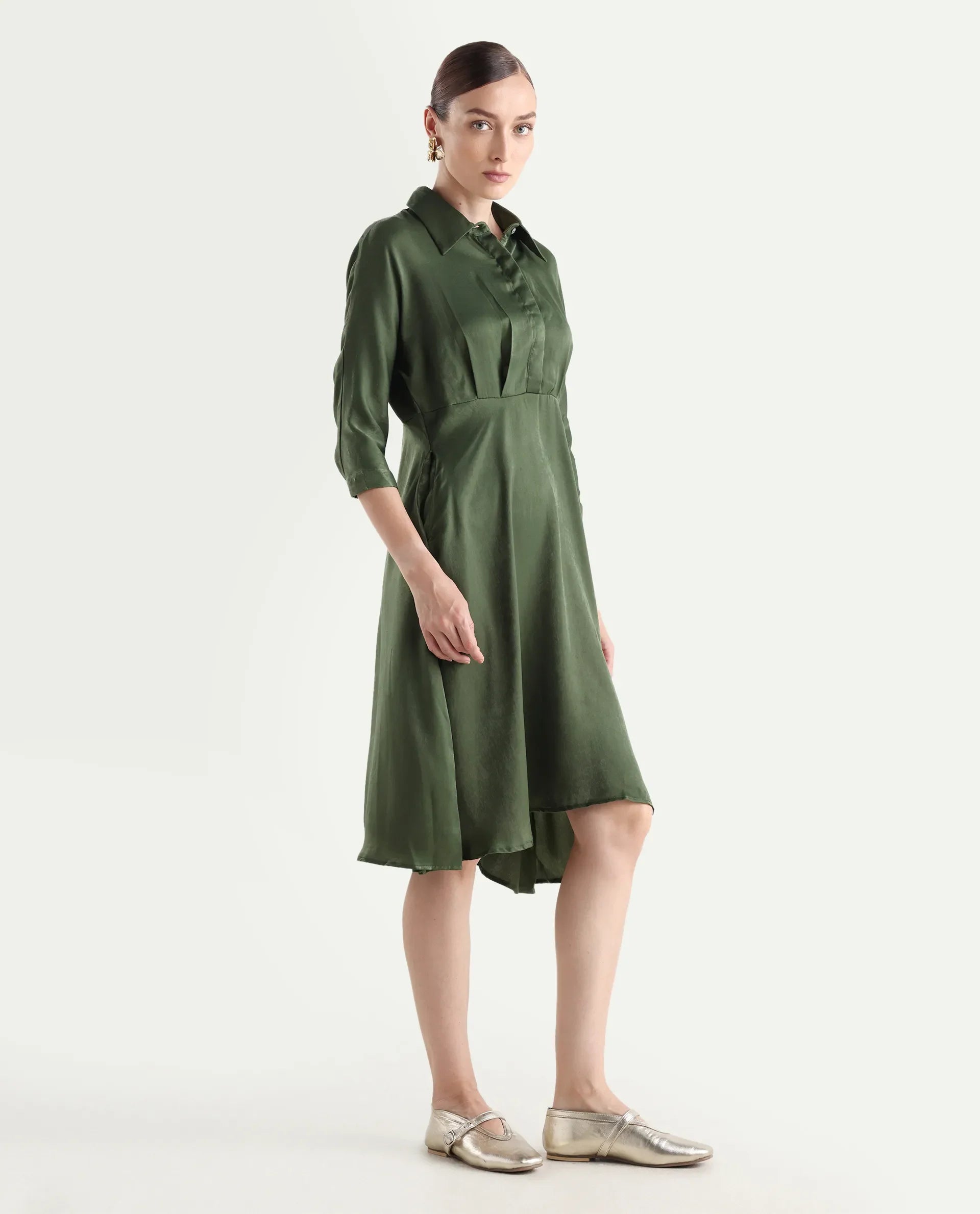 Rareism Women's Airbaz Olive Velvet Spread Collar Plain Kimono Sleeve Midi A-Line Dress