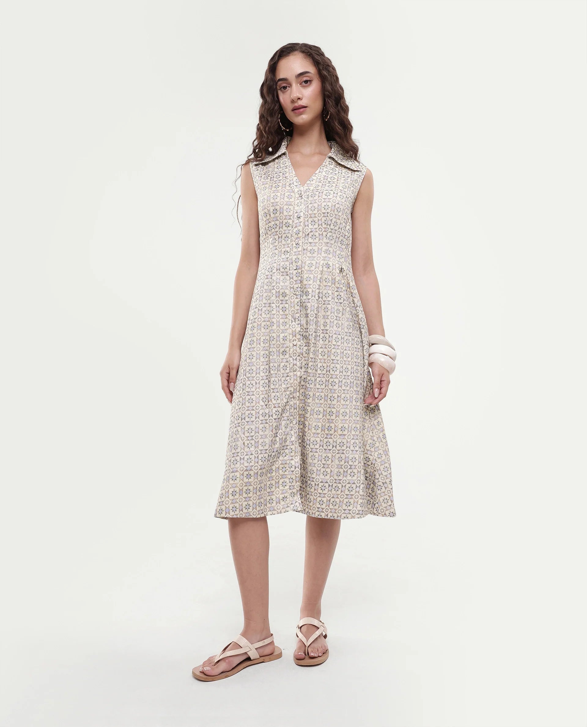 Rareism Women's Bujum Multi Linen Johnny Collar Geometric Print Sleeveless Midi A-Line Dress