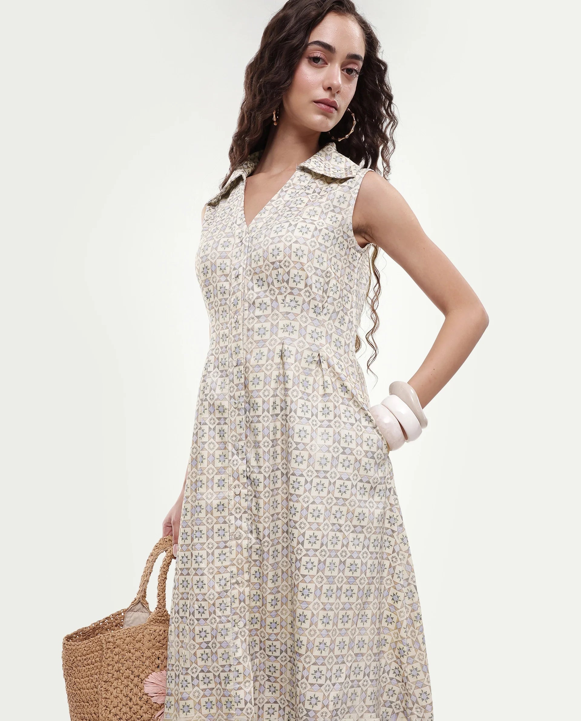 Rareism Women's Bujum Multi Linen Johnny Collar Geometric Print Sleeveless Midi A-Line Dress