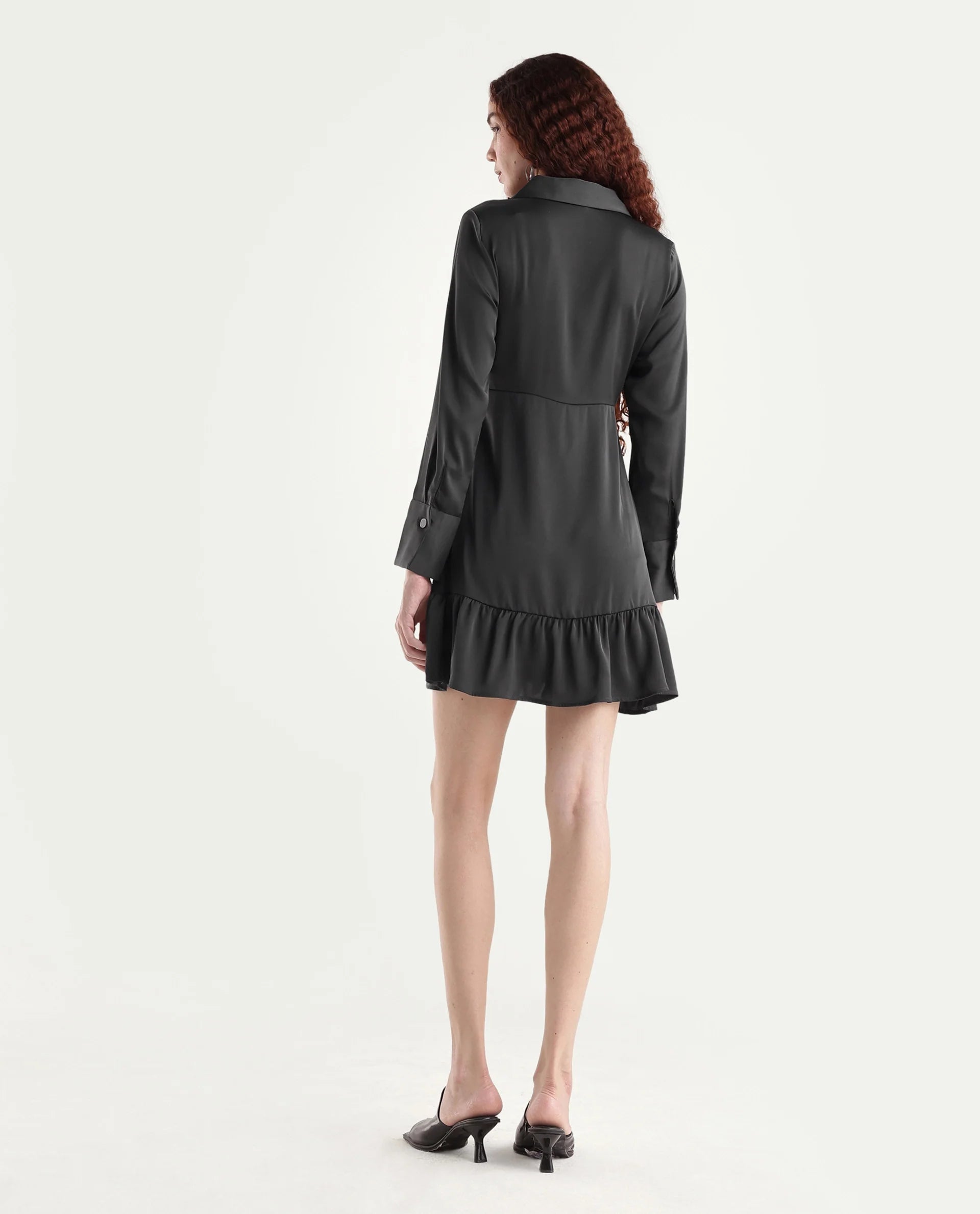 Rareism Women's Michiko Grey Satin Lapel Neck Plain Cuffed Sleeve Mini Fit And Flare Dress