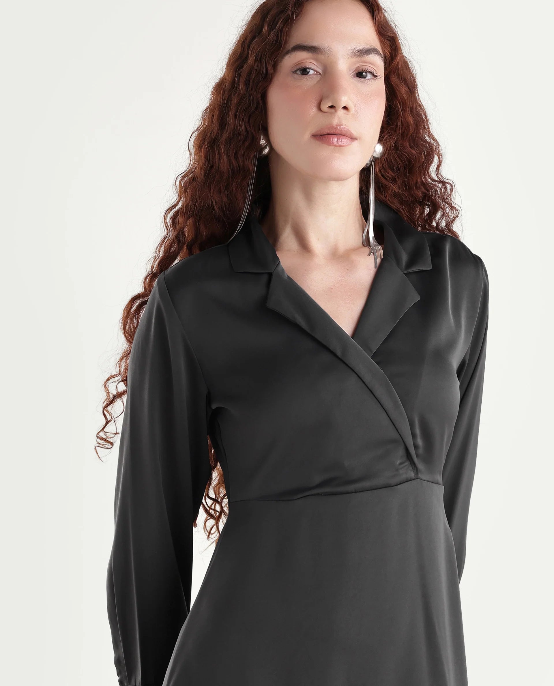 Rareism Women's Michiko Grey Satin Lapel Neck Plain Cuffed Sleeve Mini Fit And Flare Dress