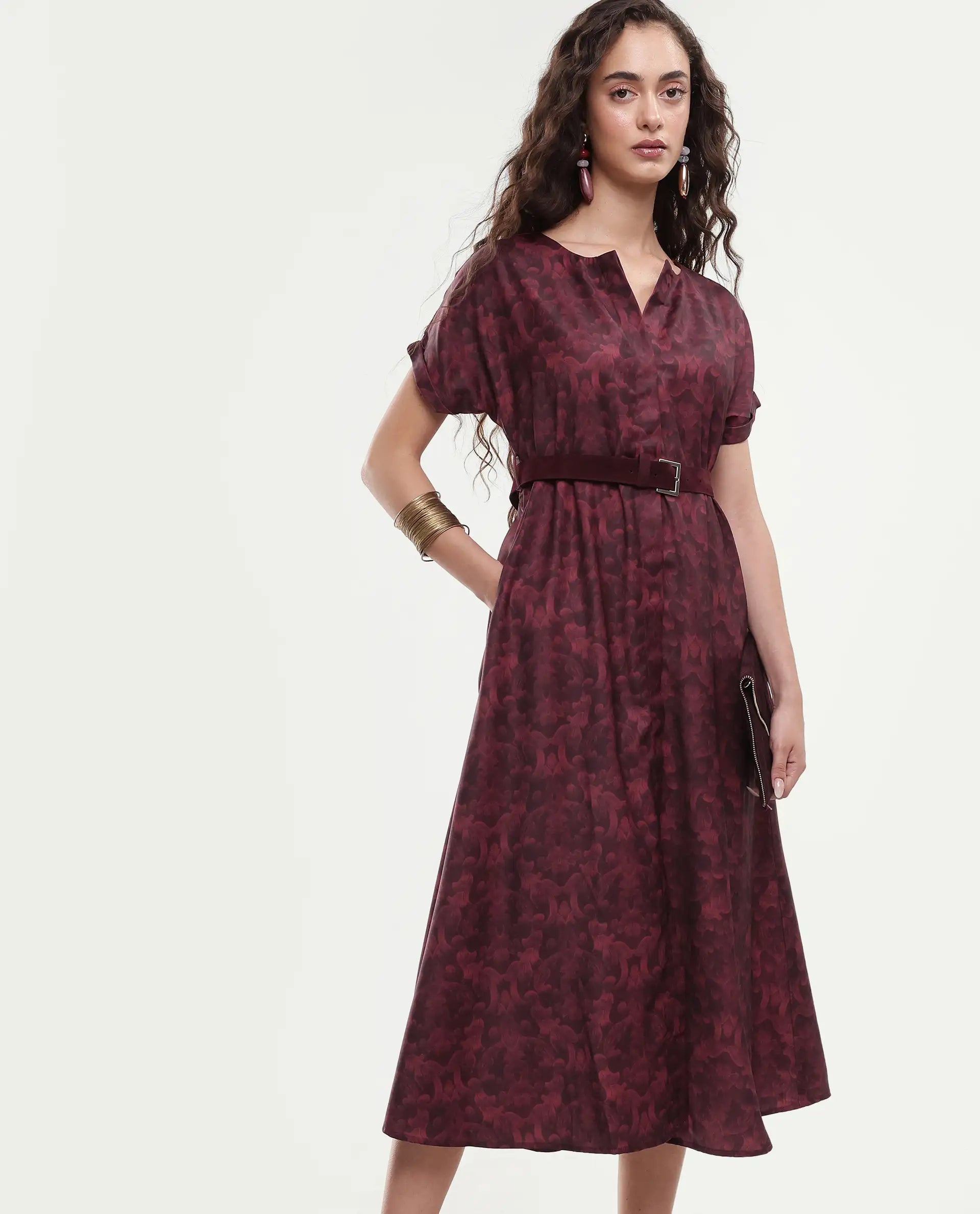 Rareism Women's Mulaani Maroon Satin Round Neck Abstract Print Extended Sleeves Midi A-Line Dress
