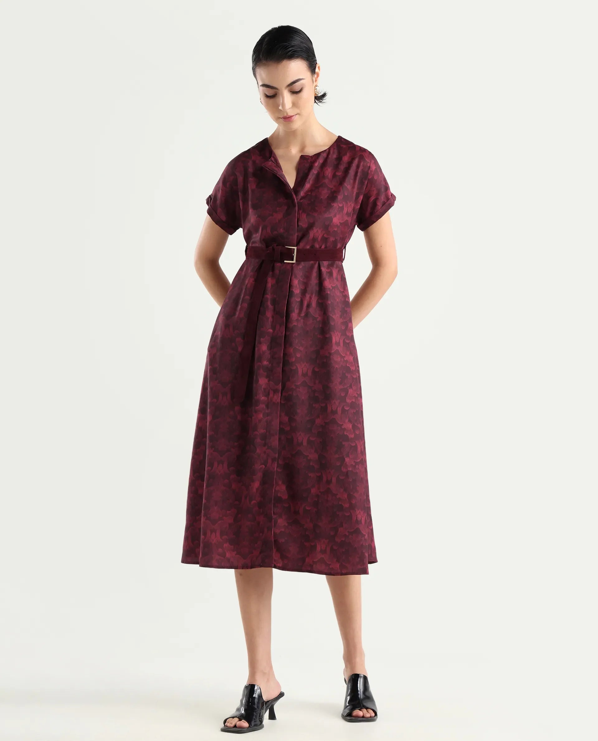Rareism Women's Mulaani Maroon Satin Round Neck Abstract Print Extended Sleeves Midi A-Line Dress
