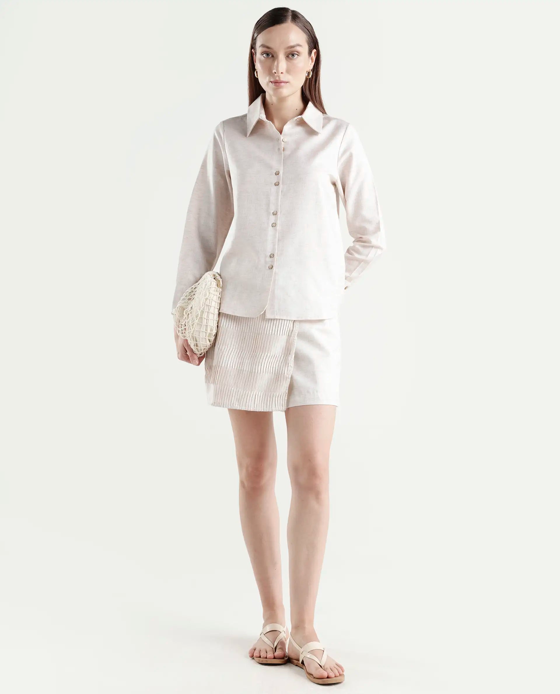 Rareism Women's Lippta Beige Polyester Spread Collar Plain Cuffed Sleeve Regular Fit Top