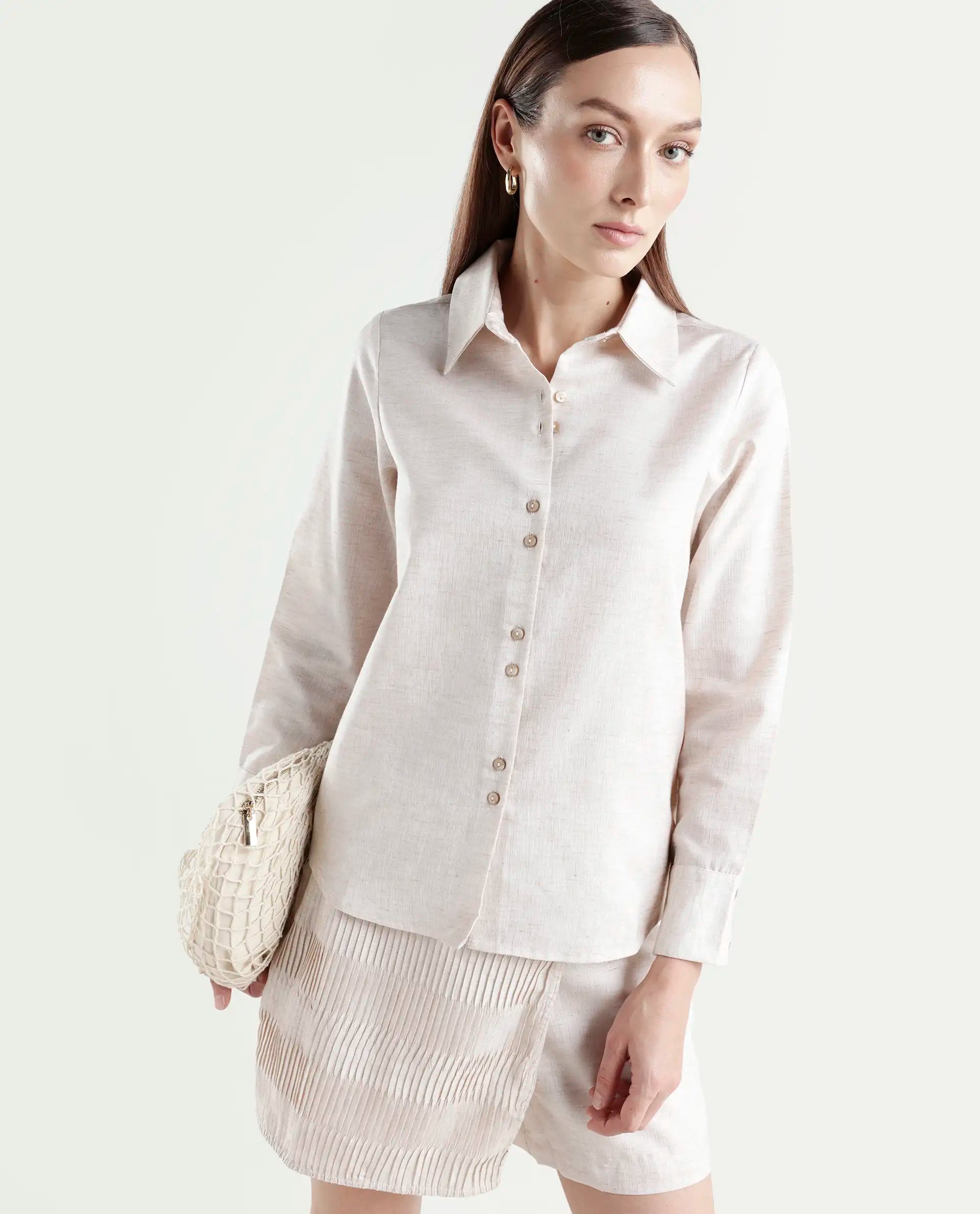 Rareism Women's Lippta Beige Polyester Spread Collar Plain Cuffed Sleeve Regular Fit Top