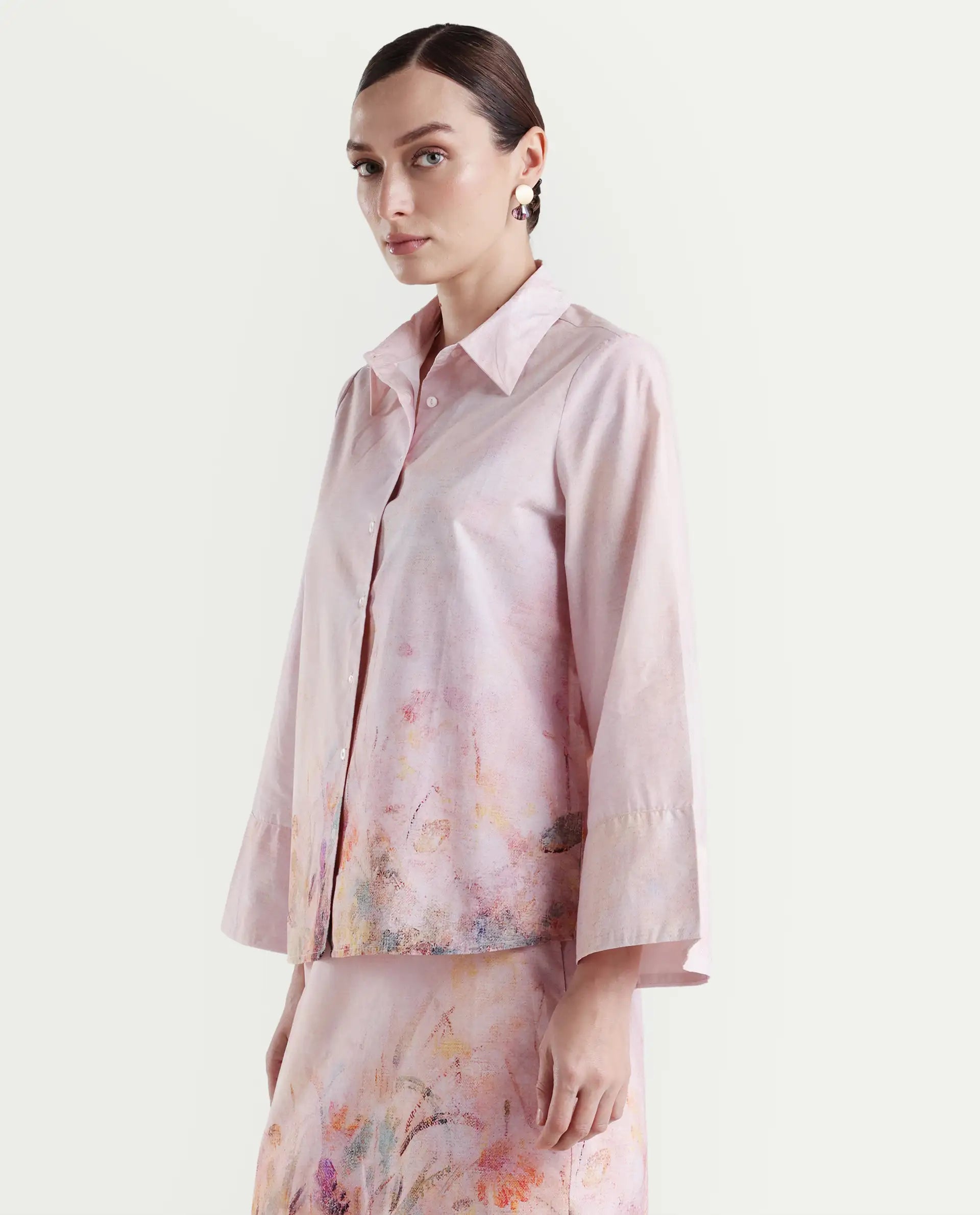 Rareism Women's Loko Pink Cotton Spread Collar Floral Print Bell Sleeve Regular Fit Top