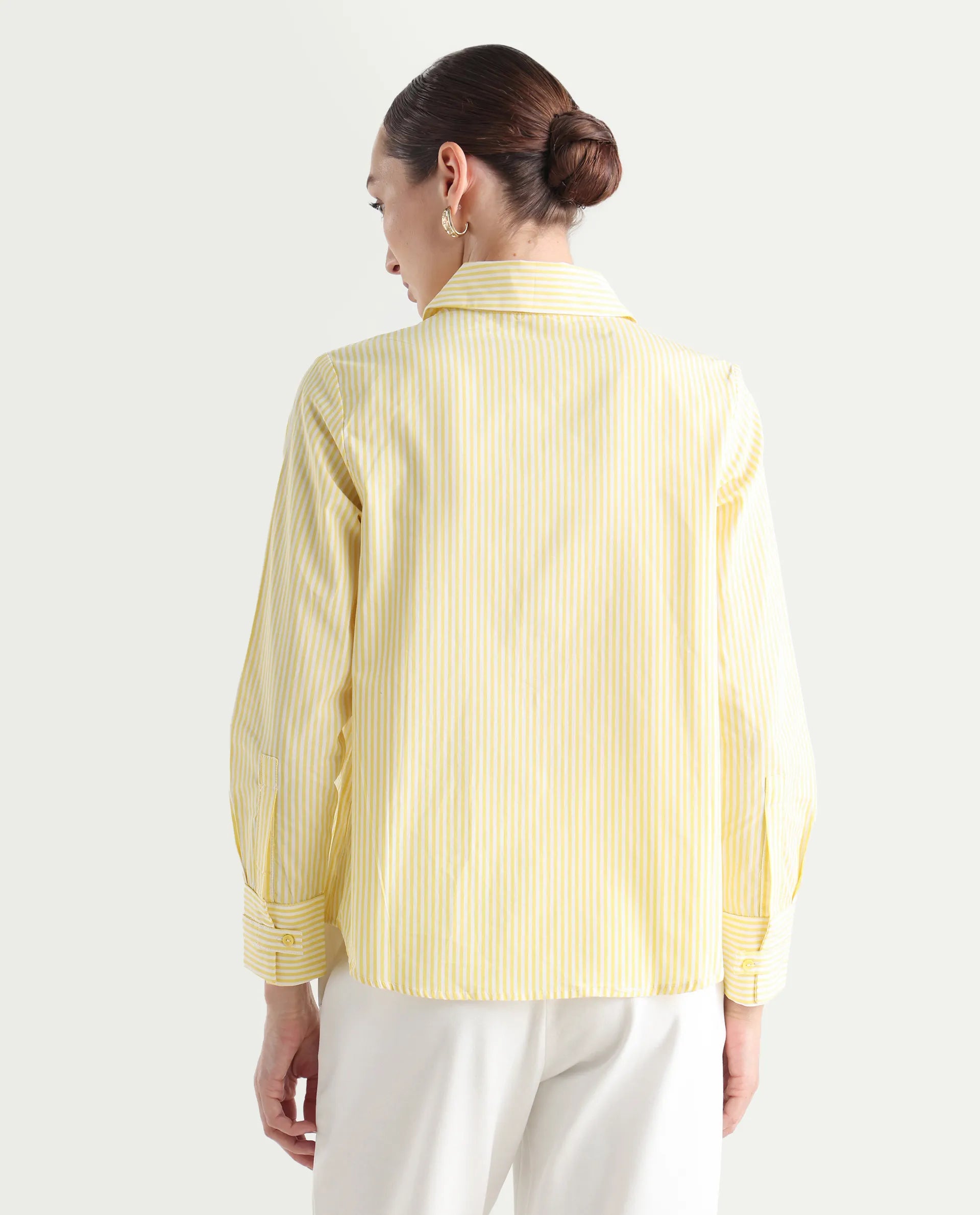 Rareism Women's Robbu Yellow Cotton Drop Collar Striped Cuffed Sleeve Regular Fit Shirt