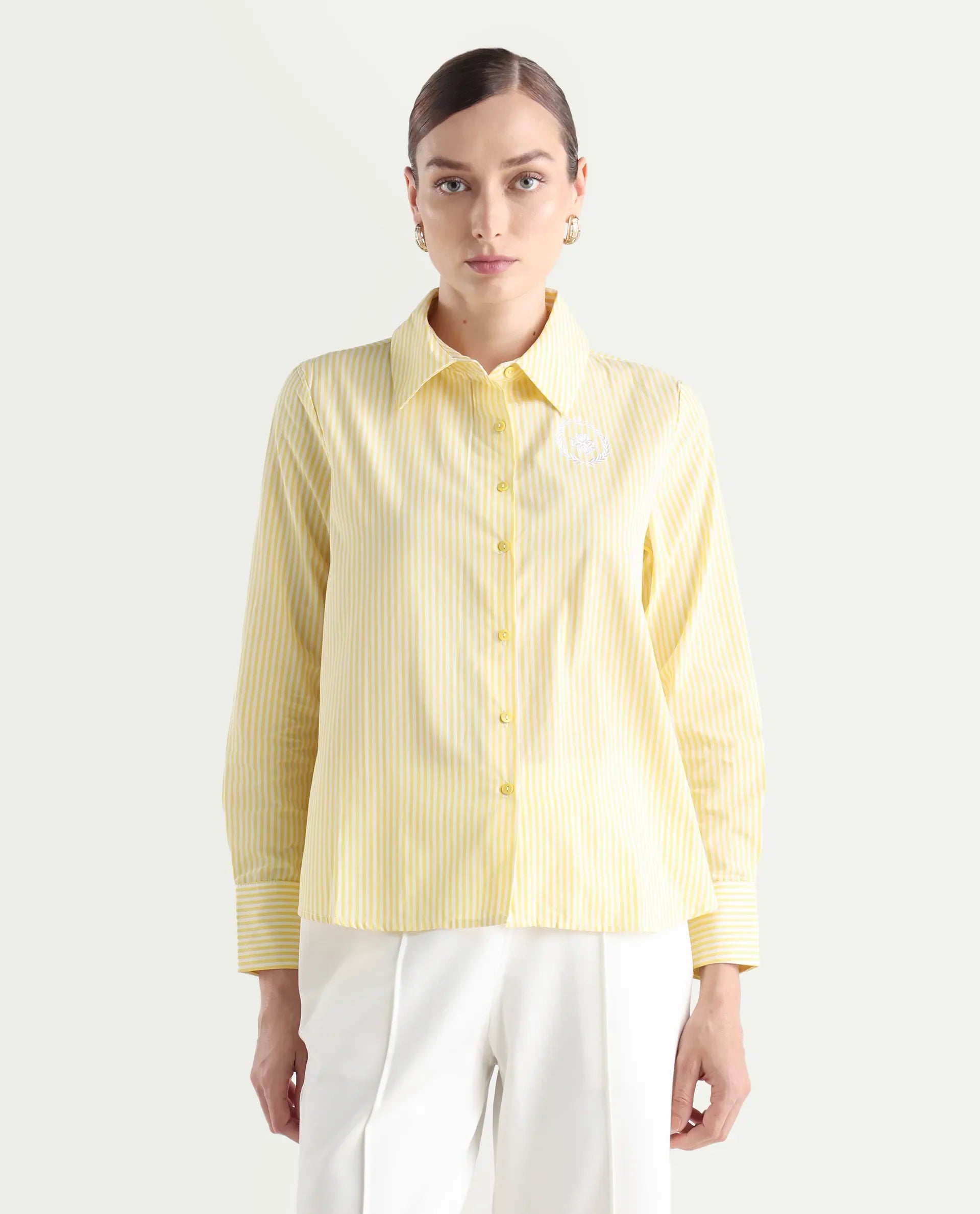 Rareism Women's Robbu Yellow Cotton Drop Collar Striped Cuffed Sleeve Regular Fit Shirt