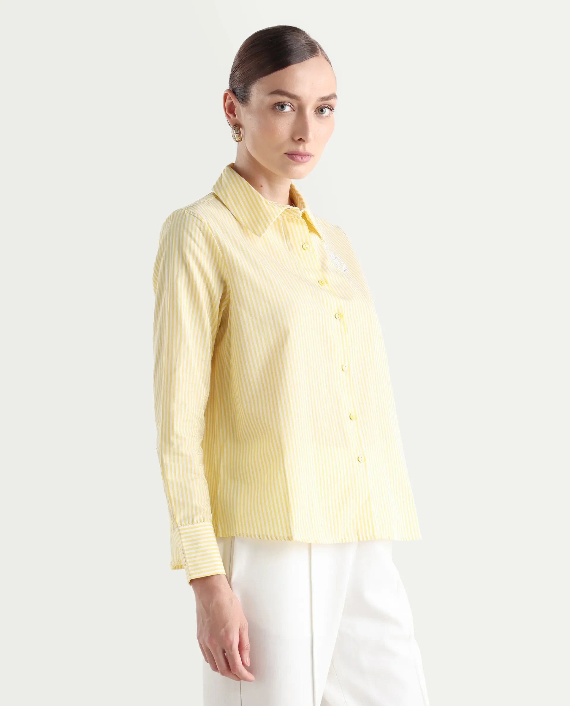 Rareism Women's Robbu Yellow Cotton Drop Collar Striped Cuffed Sleeve Regular Fit Shirt