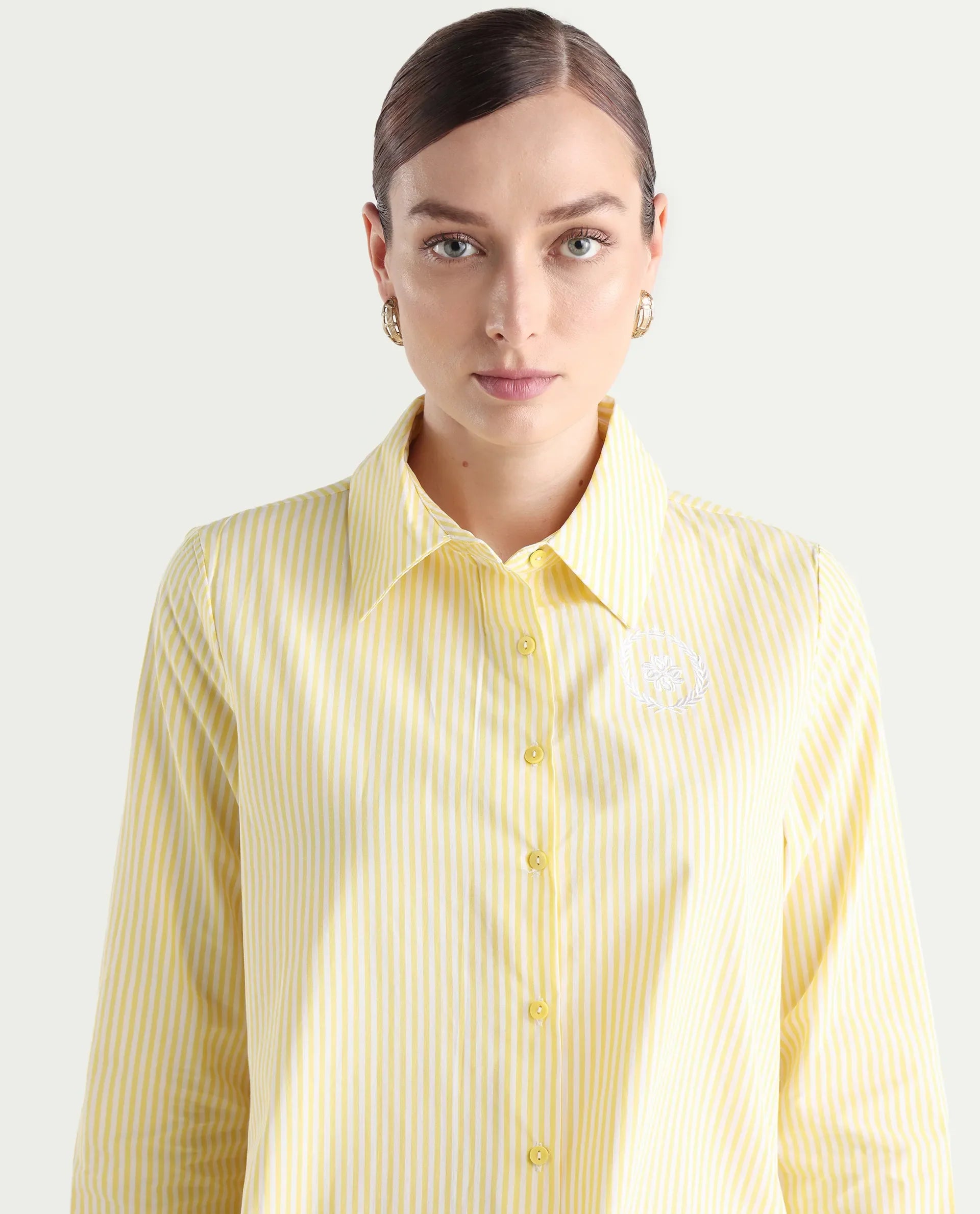 Rareism Women's Robbu Yellow Cotton Drop Collar Striped Cuffed Sleeve Regular Fit Shirt