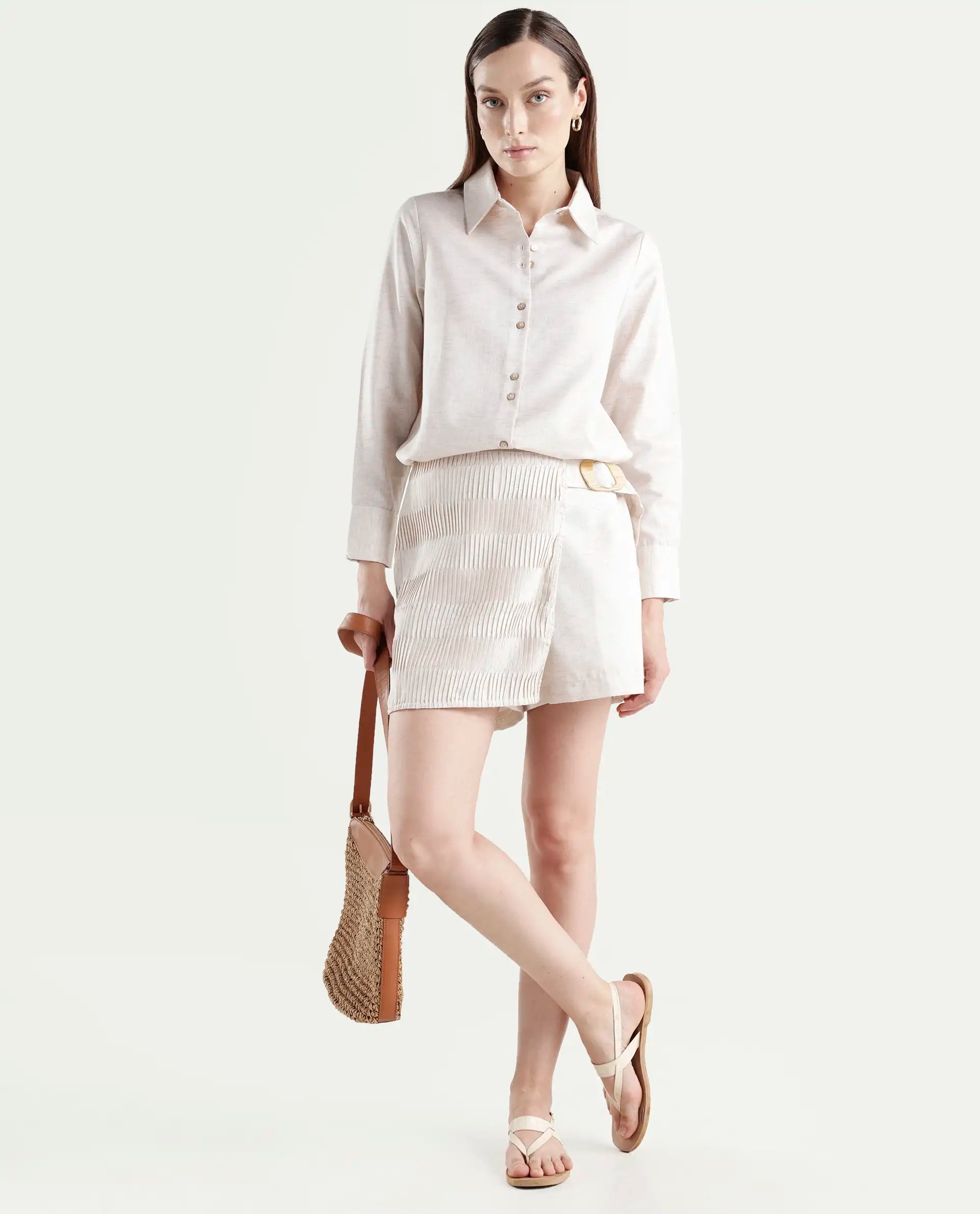 Rareism Women's Lippta-B-Beige Polyester Plain Mini Regular Fit Skirt