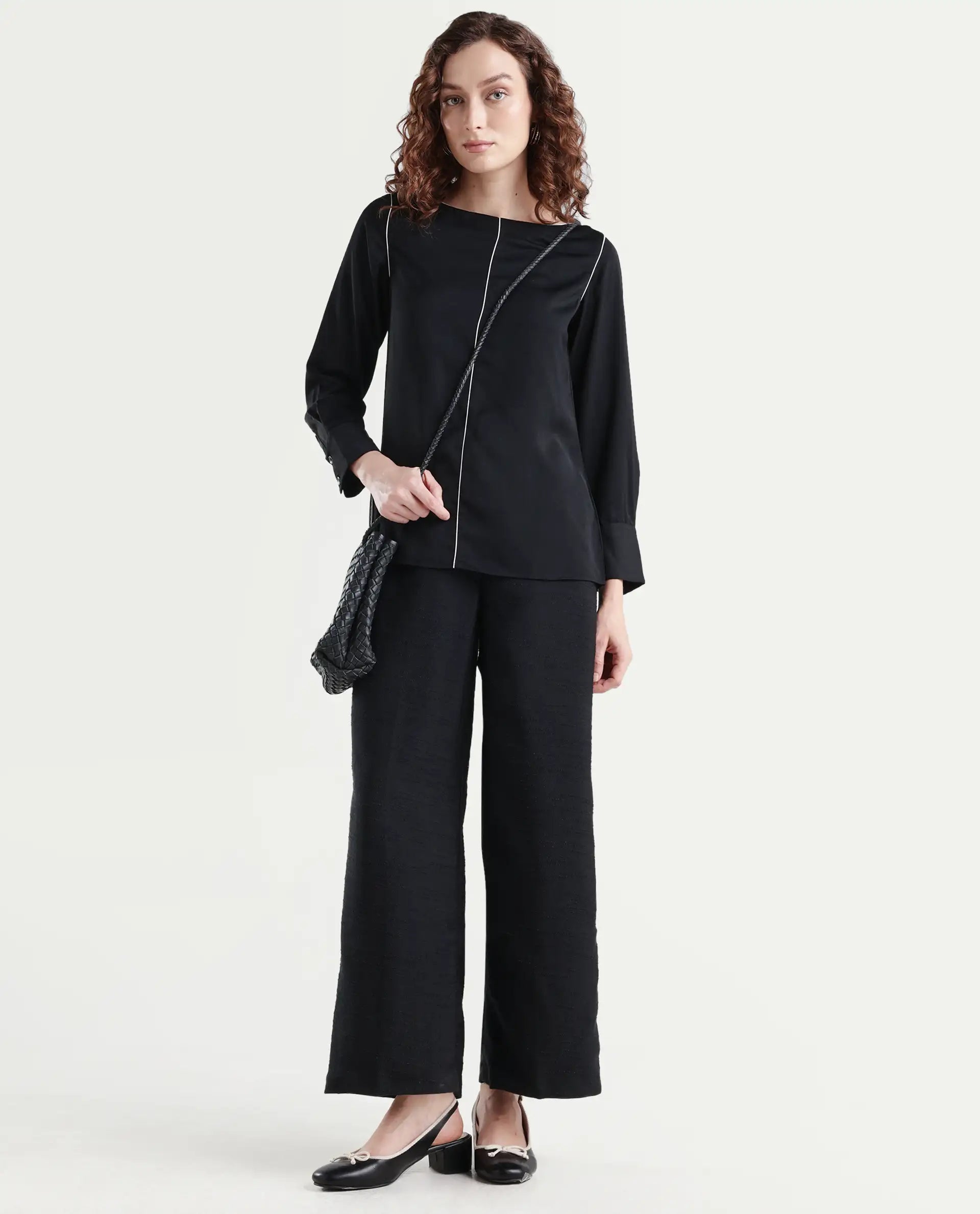 Rareism Women's Pidet-B-Black Satin Plain Ankle Length Wide Trouser