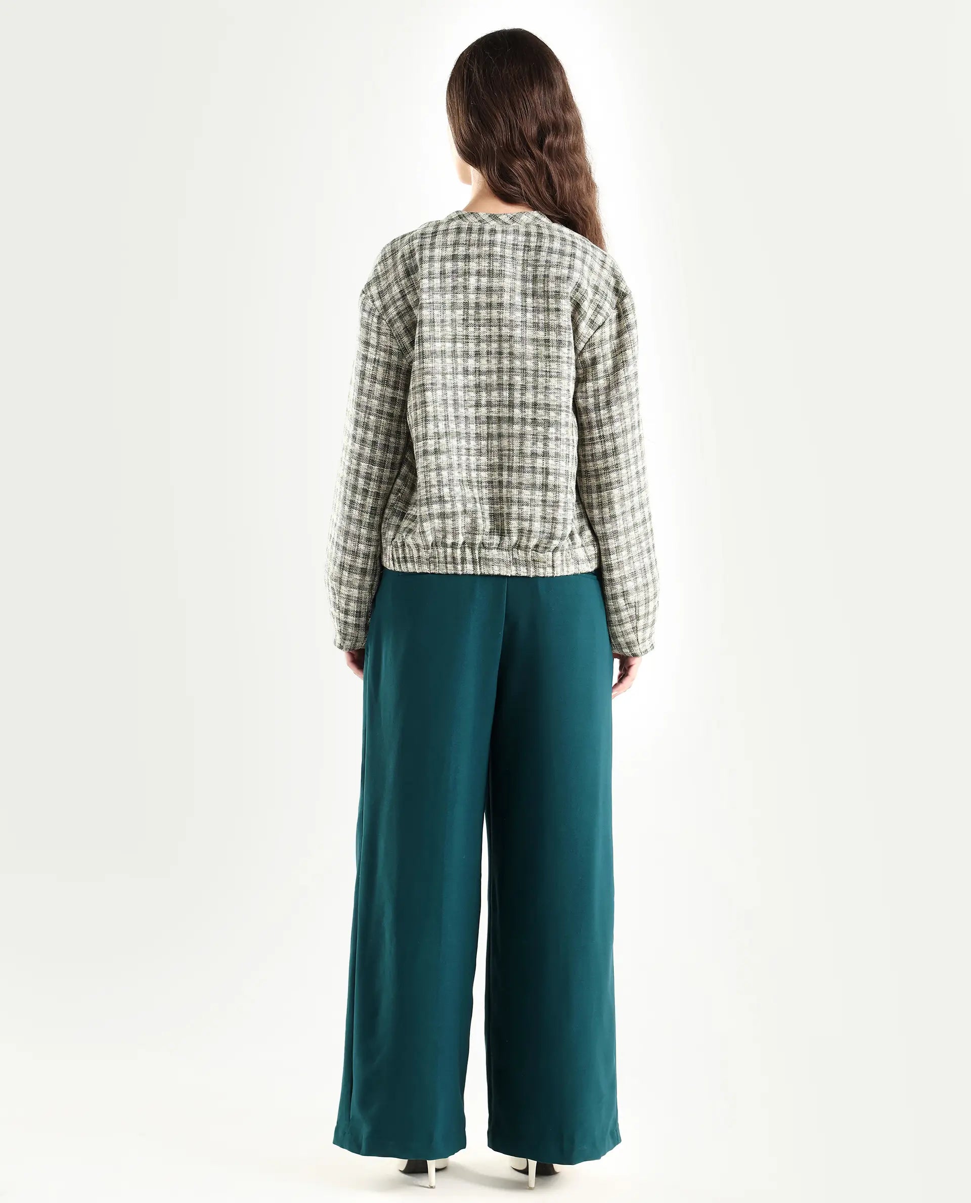 Rareism Women's Erica Green Polyester Blend Plain Ankle Length Wide Trouser