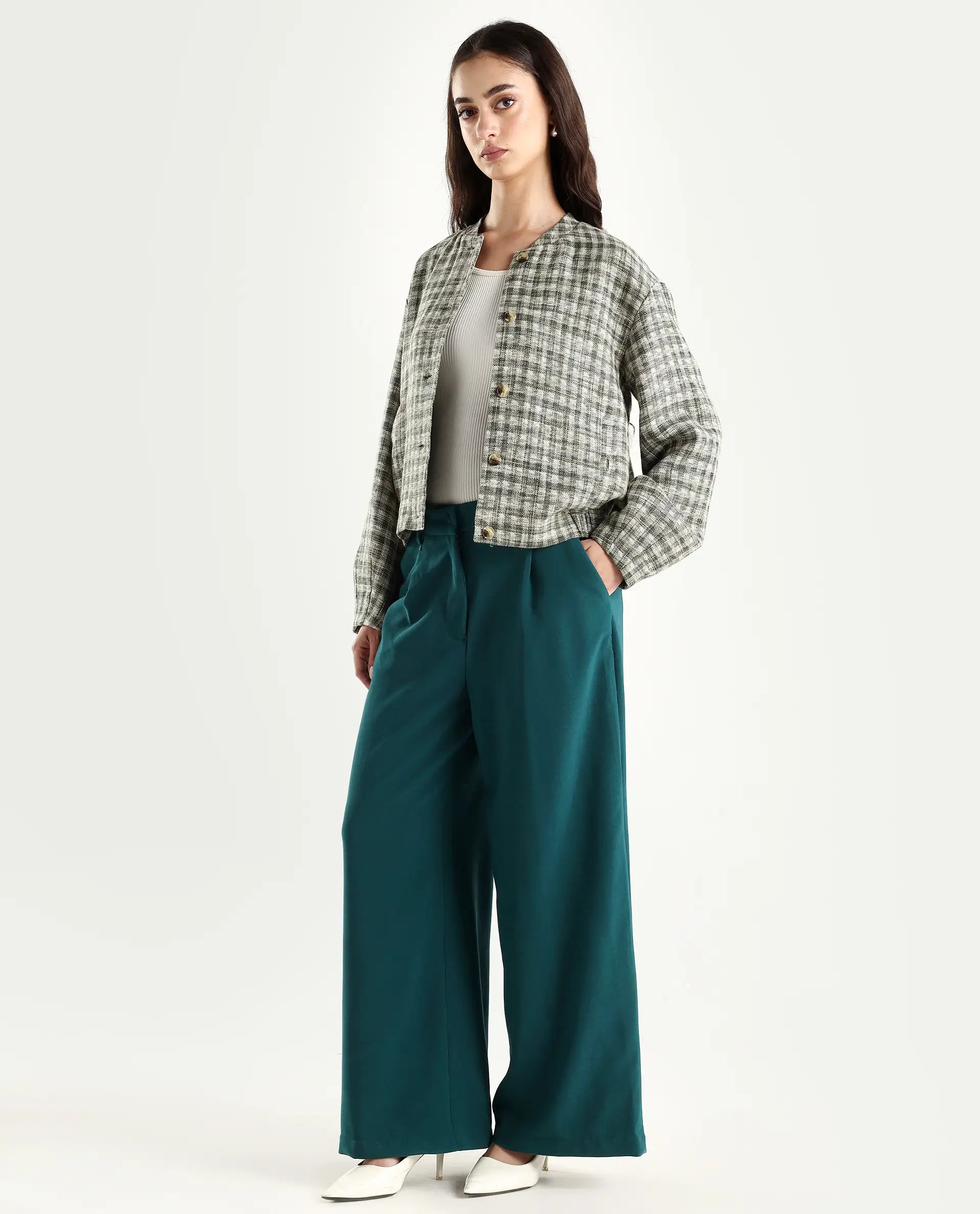 Rareism Women's Erica Green Polyester Blend Plain Ankle Length Wide Trouser