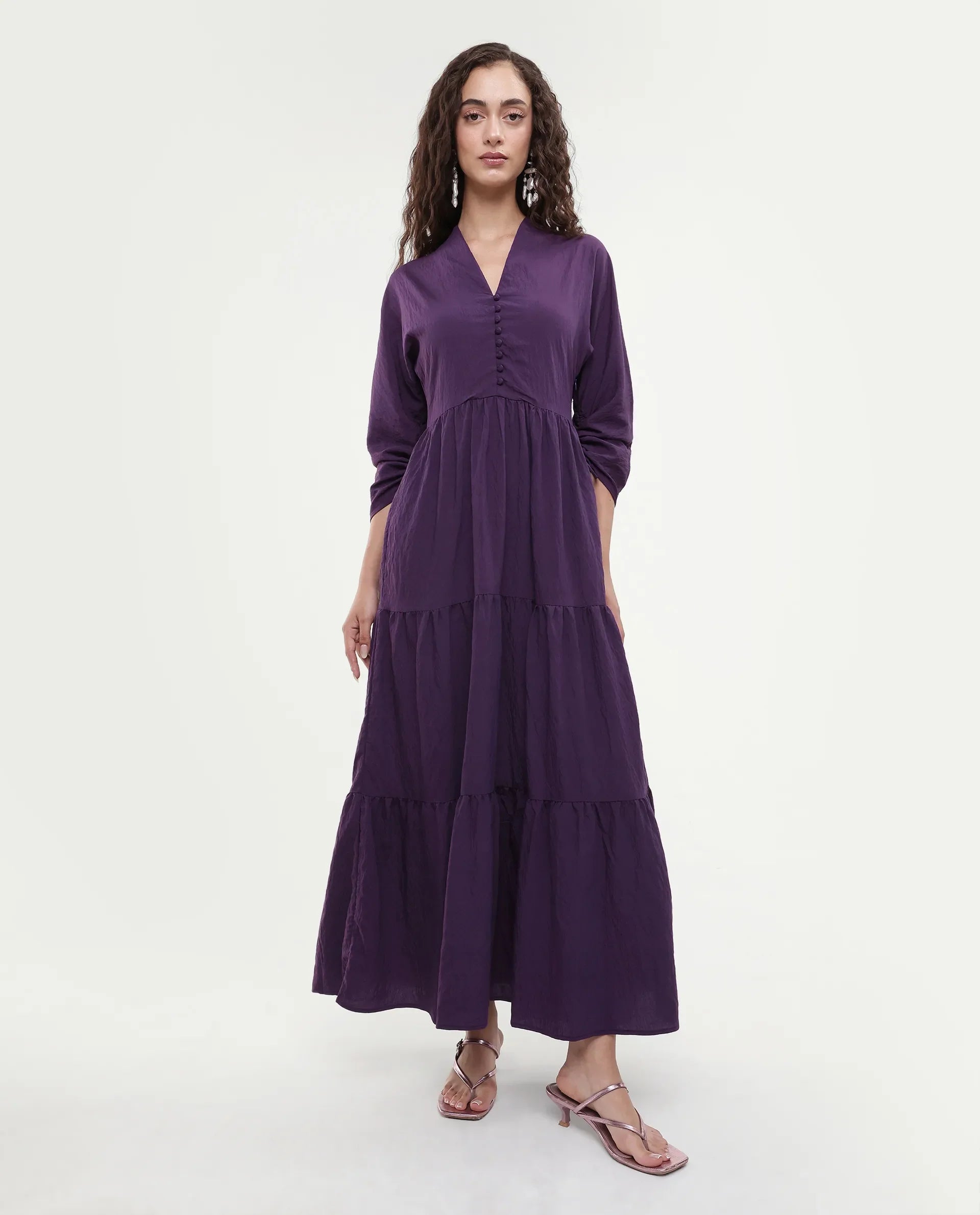 Rareism Women's Quroti Purple Nylon Blend Built-Up Neck Plain Kimono Sleeve Maxi Fit And Flare Dress