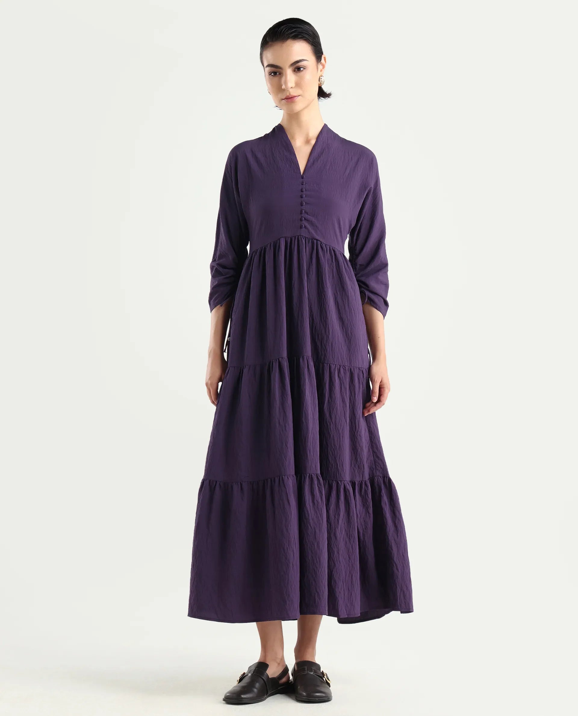 Rareism Women's Quroti Purple Nylon Blend Built-Up Neck Plain Kimono Sleeve Maxi Fit And Flare Dress