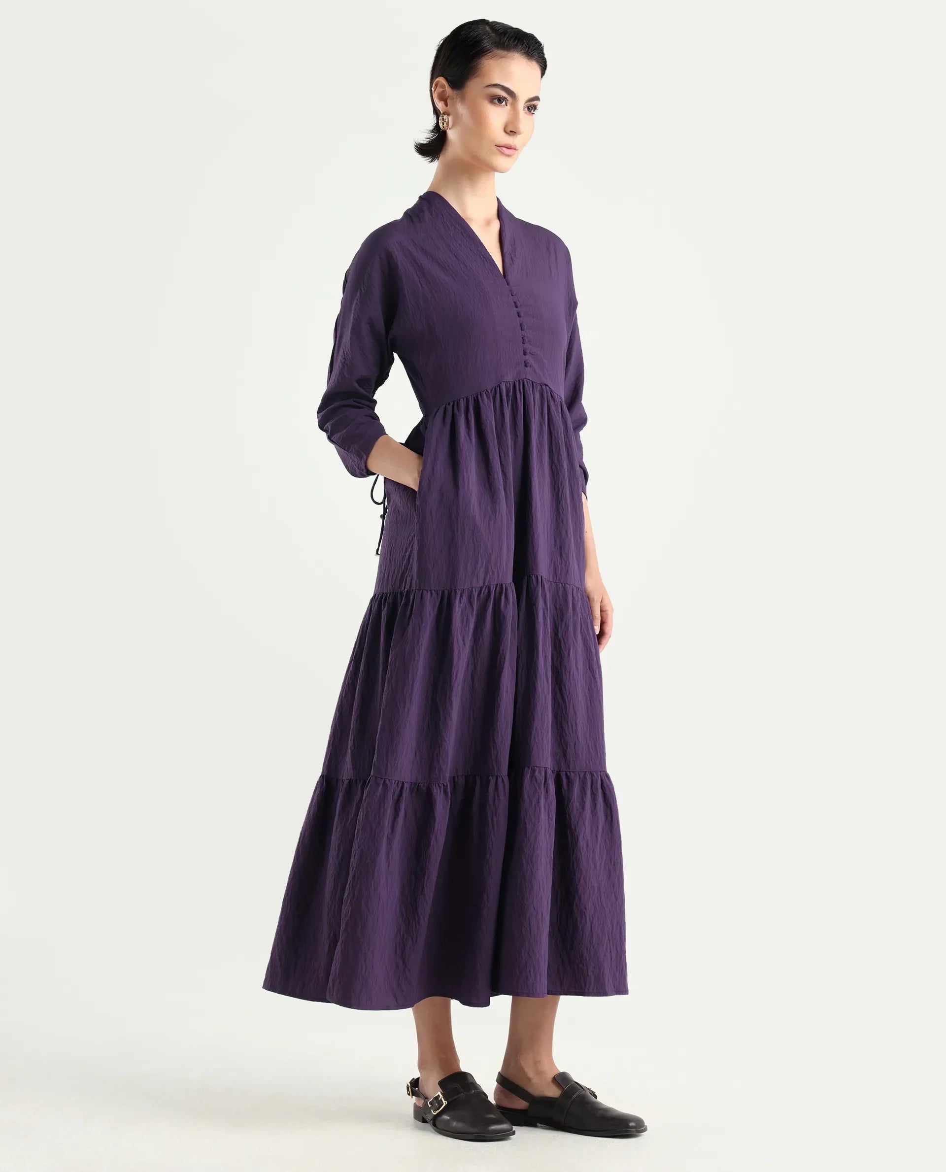 Rareism Women's Quroti Purple Nylon Blend Built-Up Neck Plain Kimono Sleeve Maxi Fit And Flare Dress