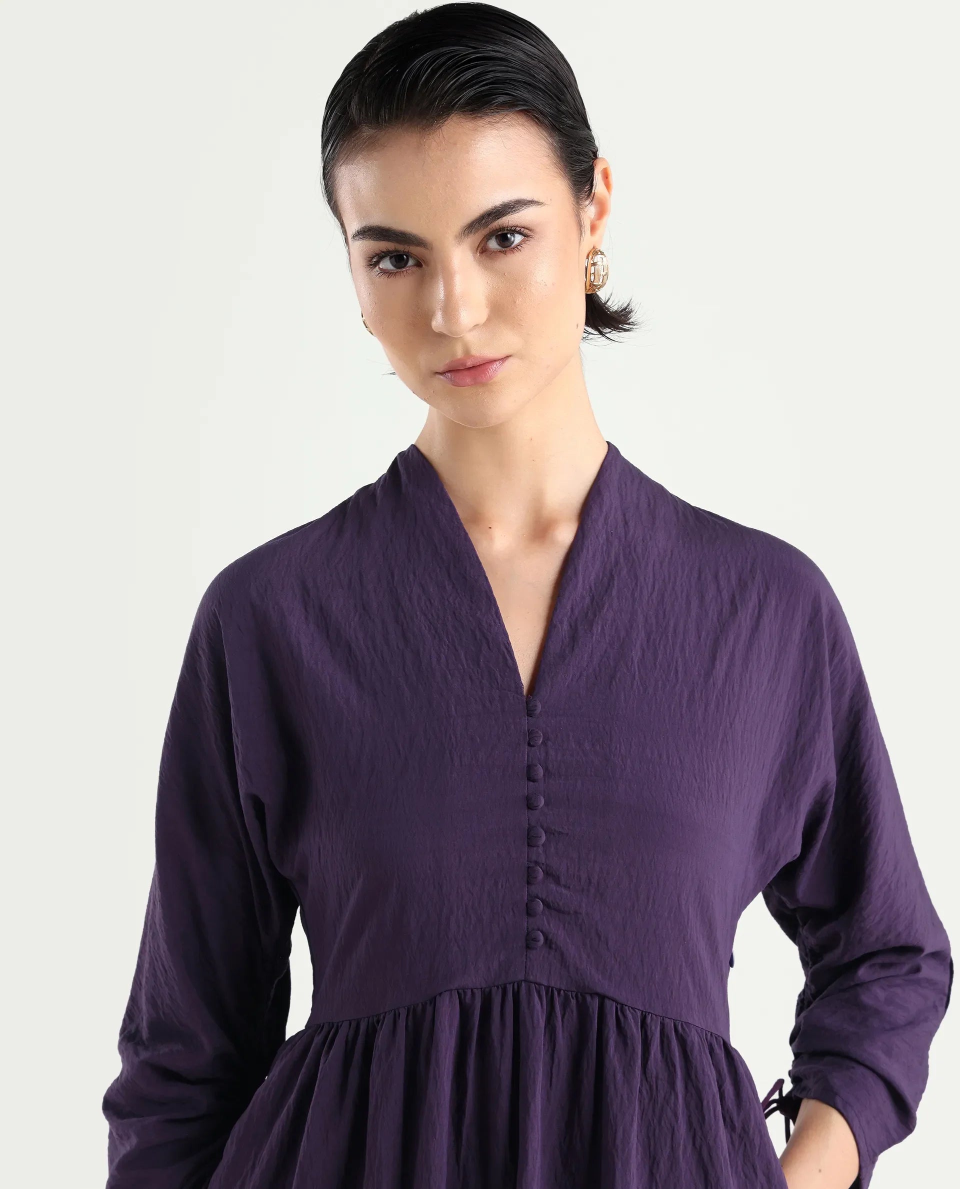 Rareism Women's Quroti Purple Nylon Blend Built-Up Neck Plain Kimono Sleeve Maxi Fit And Flare Dress