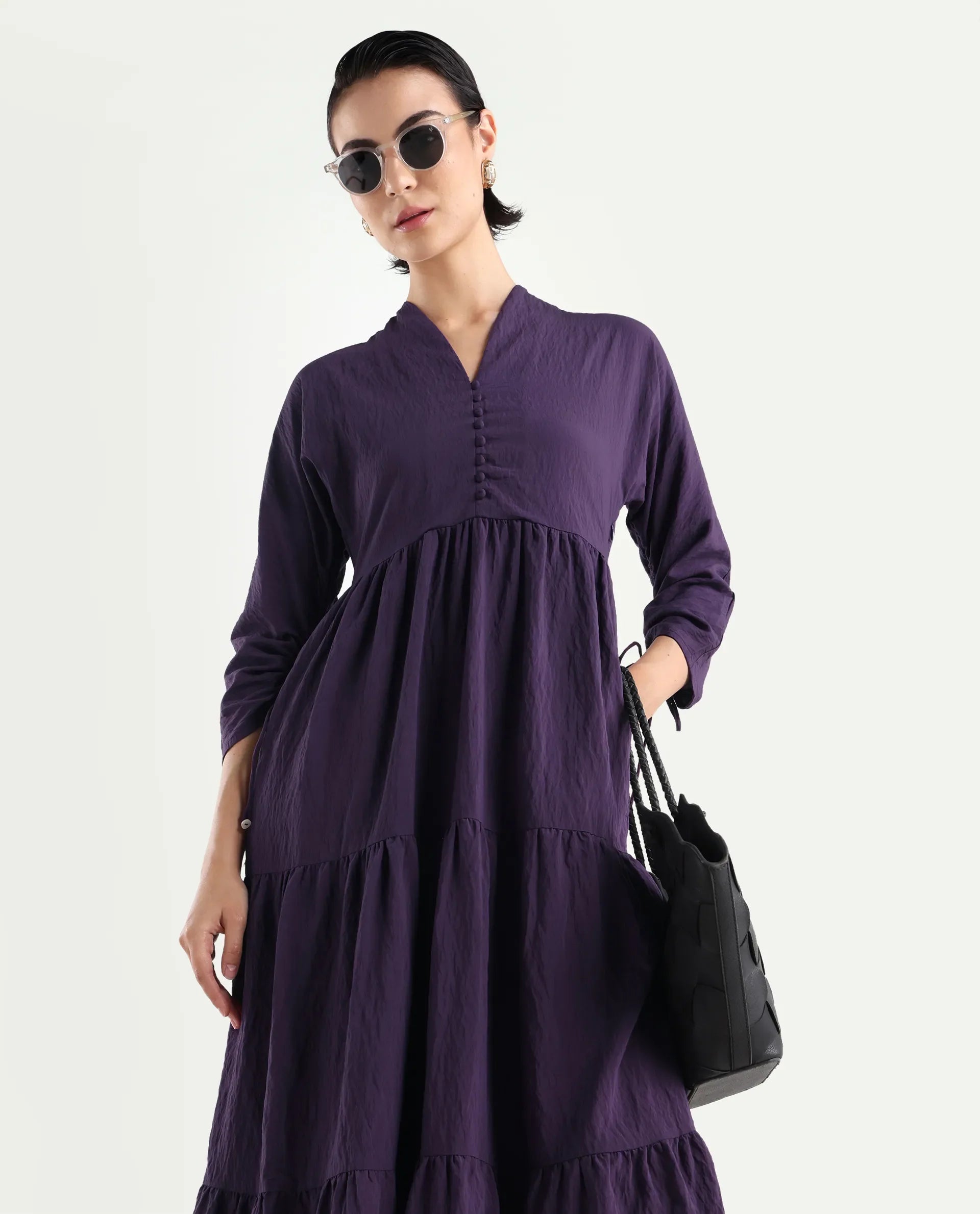 Rareism Women's Quroti Purple Nylon Blend Built-Up Neck Plain Kimono Sleeve Maxi Fit And Flare Dress