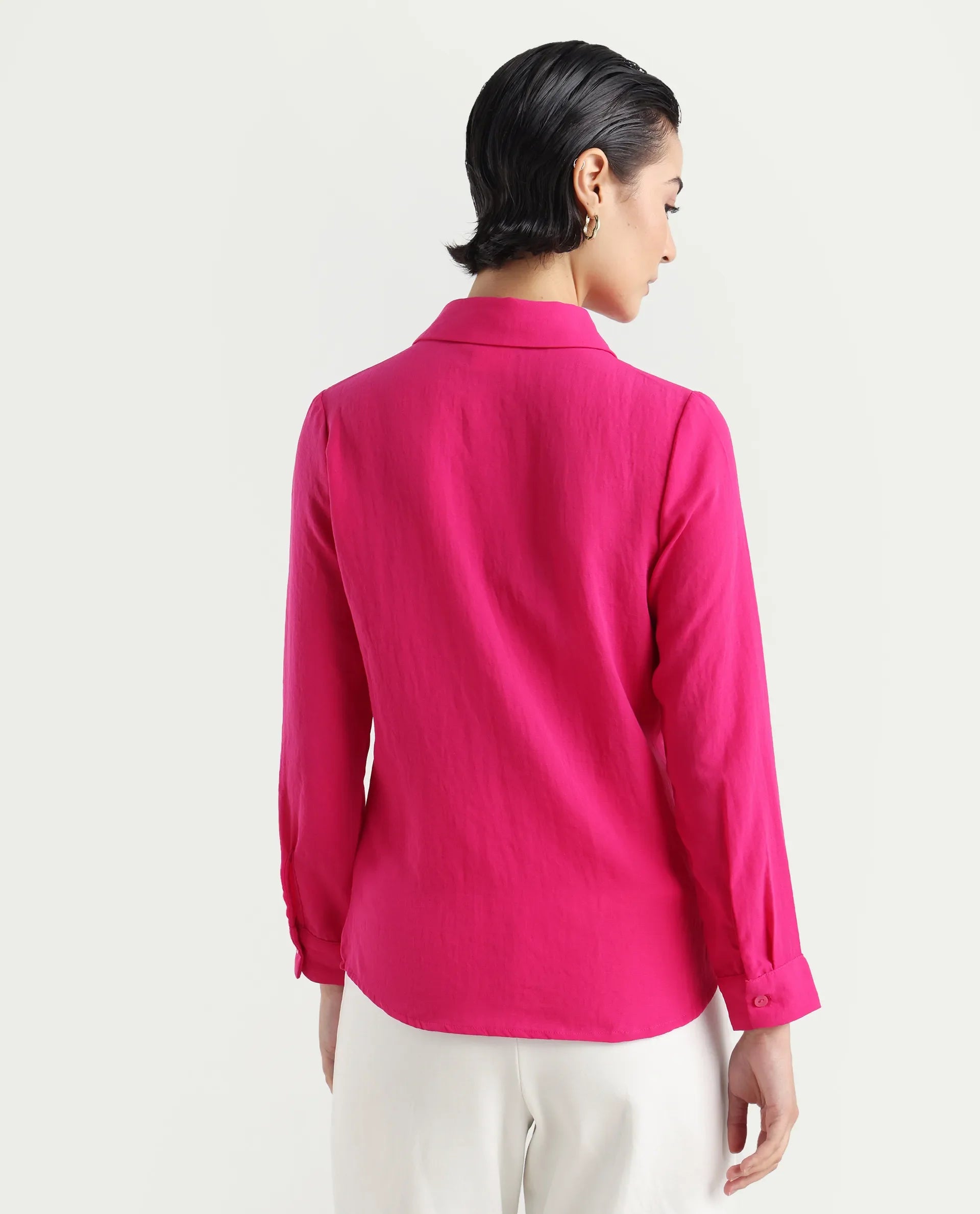 Rareism Women's Mersin Pink Polyester Spread Collar Plain Cuffed Sleeve Regular Fit Top
