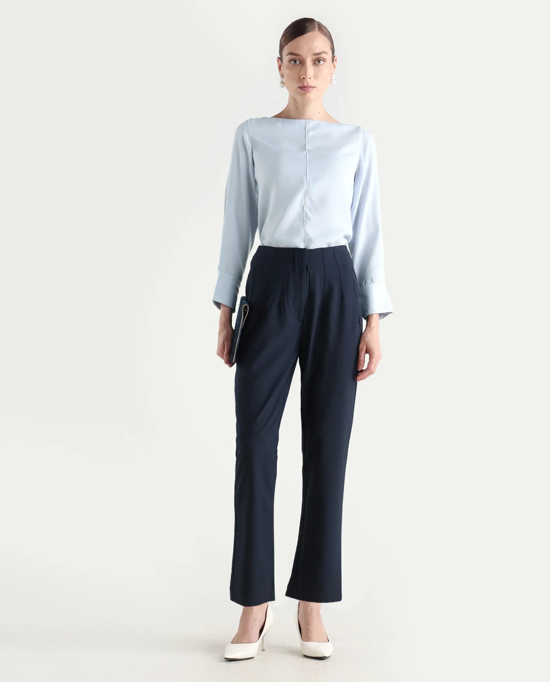 Rareism Women's Pidet Blue Satin Boat Neck Plain Cuffed Sleeve Regular Fit Top