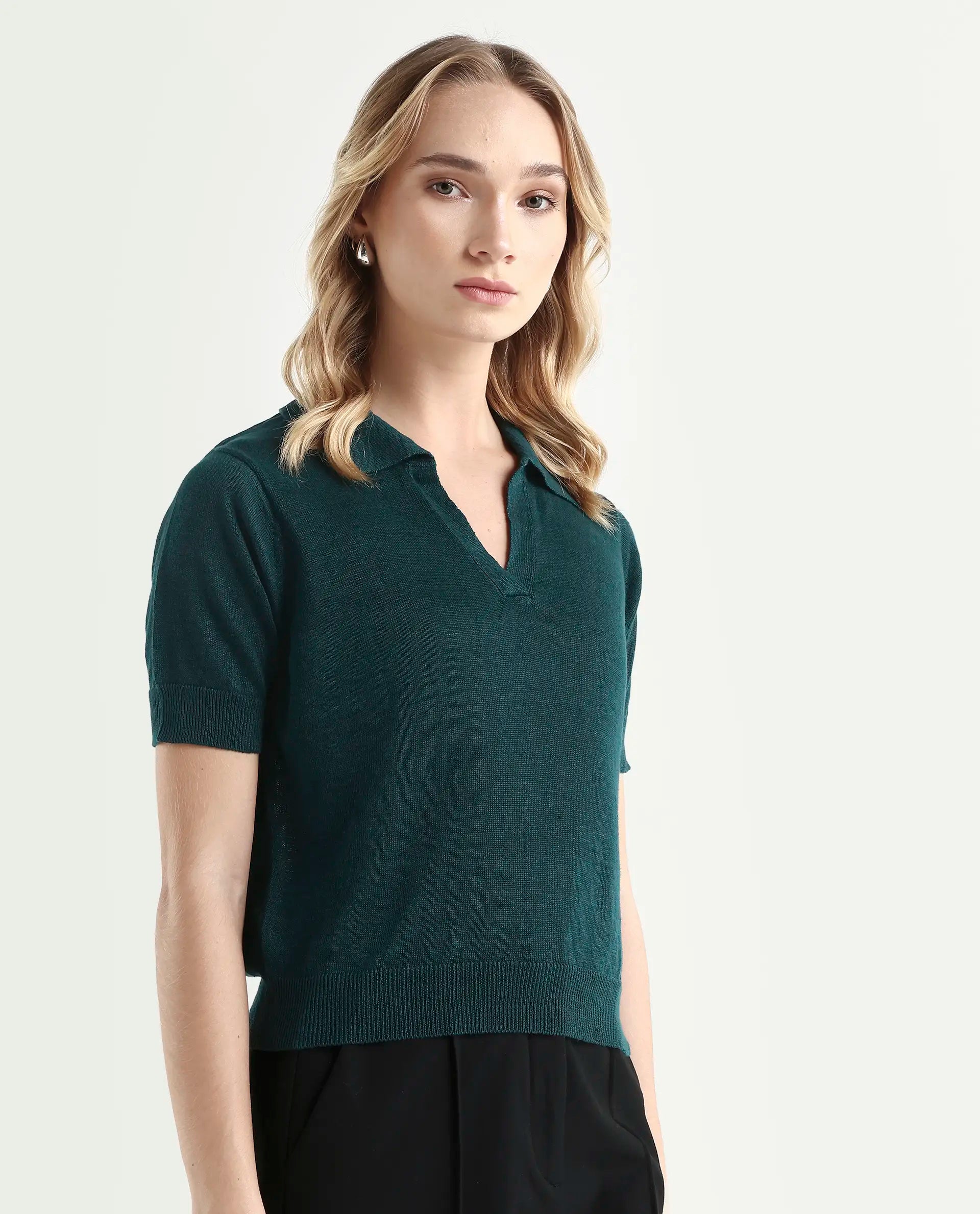 Rareism Women's Basel Green Cotton Linen Polo Neck Plain Regular Fit Polo