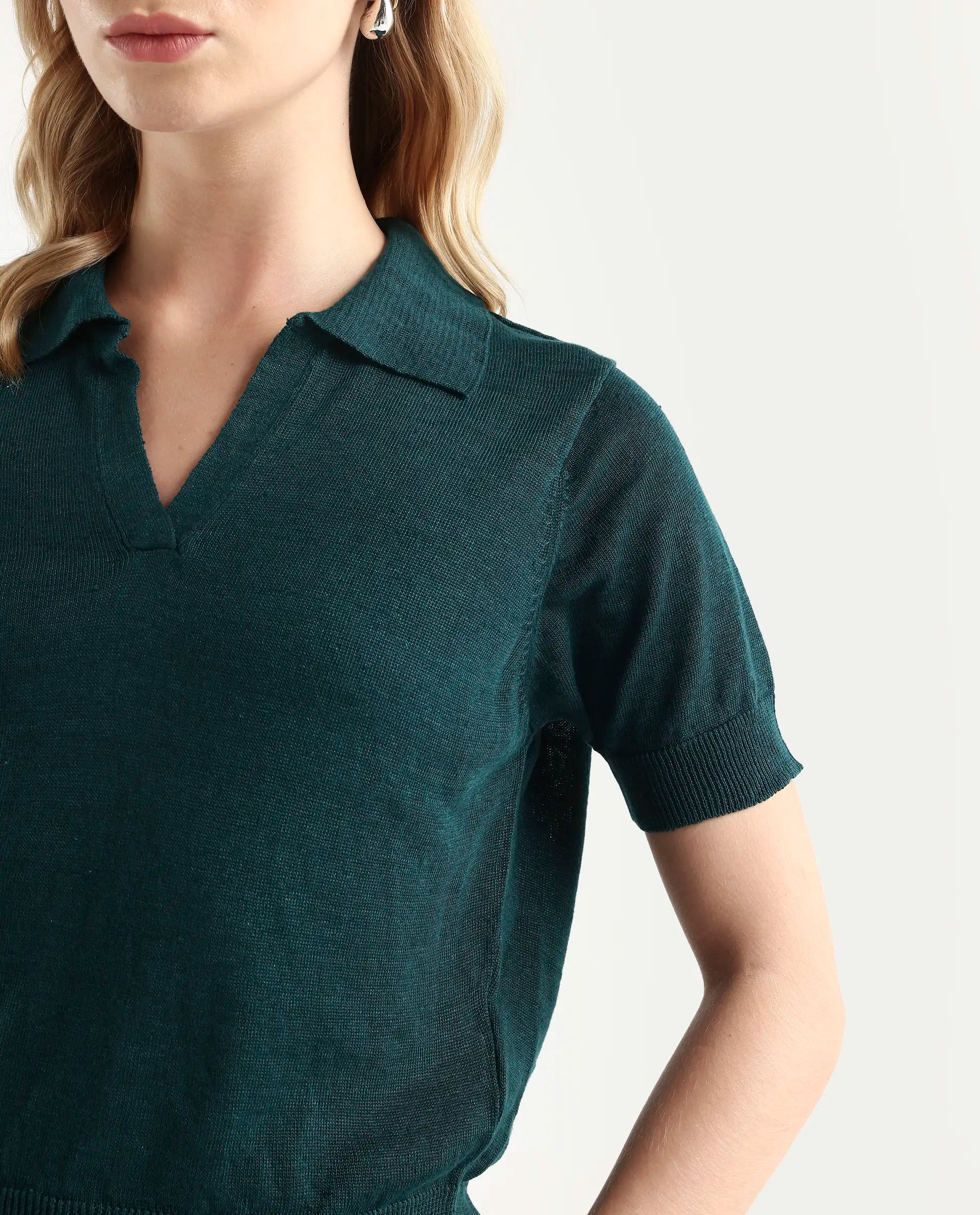 Rareism Women's Basel Green Cotton Linen Polo Neck Plain Regular Fit Polo
