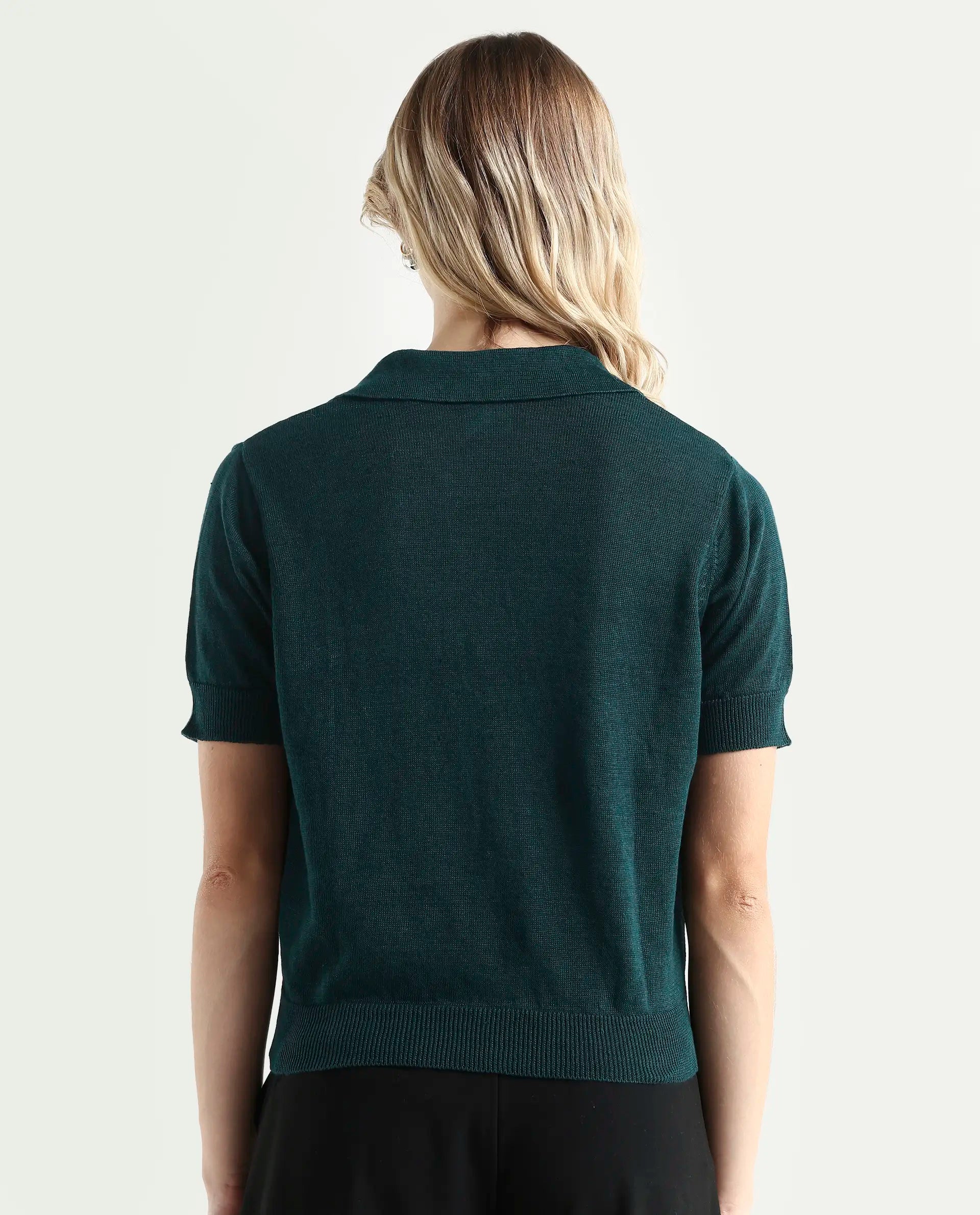 Rareism Women's Basel Green Cotton Linen Polo Neck Plain Regular Fit Polo
