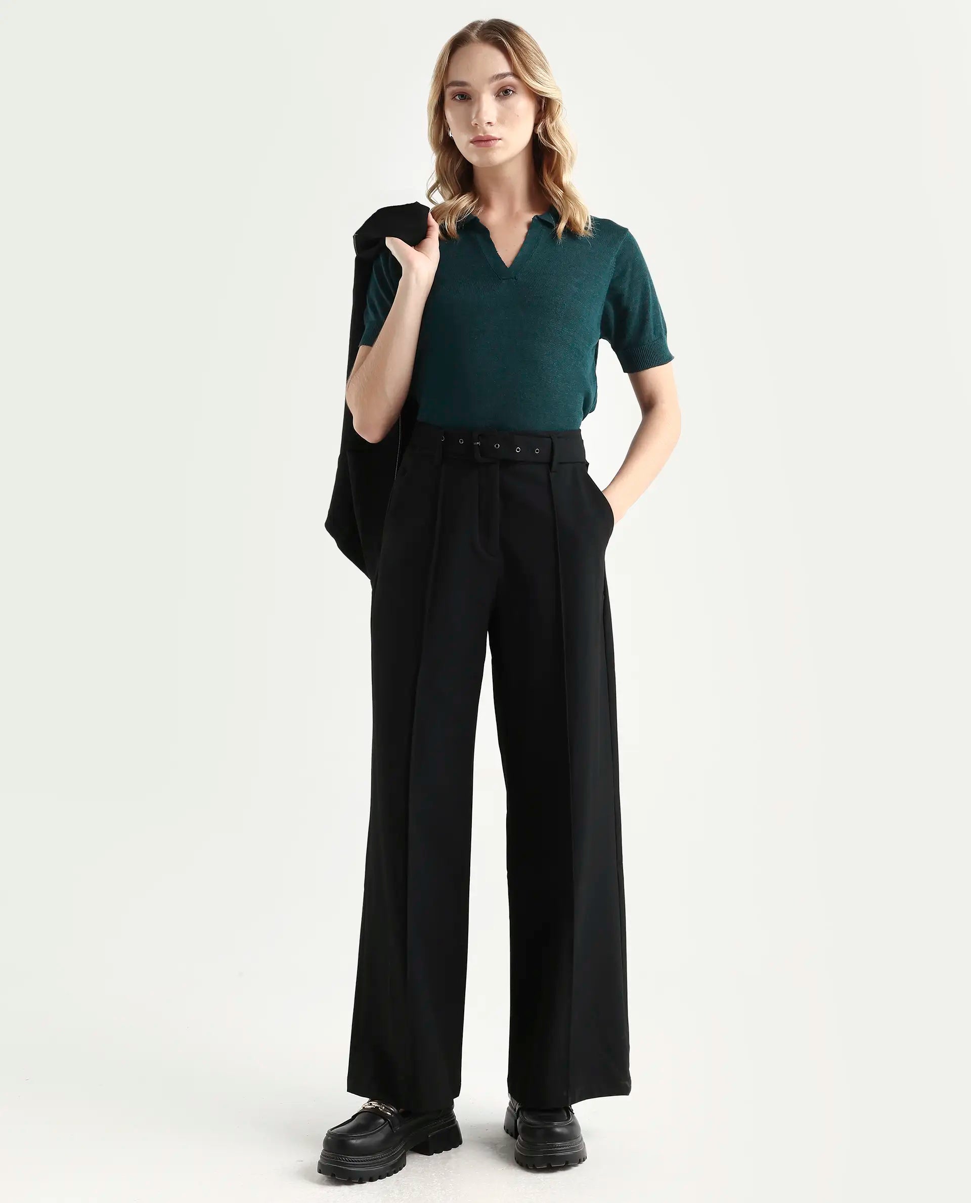 Rareism Women's Basel Green Cotton Linen Polo Neck Plain Regular Fit Polo