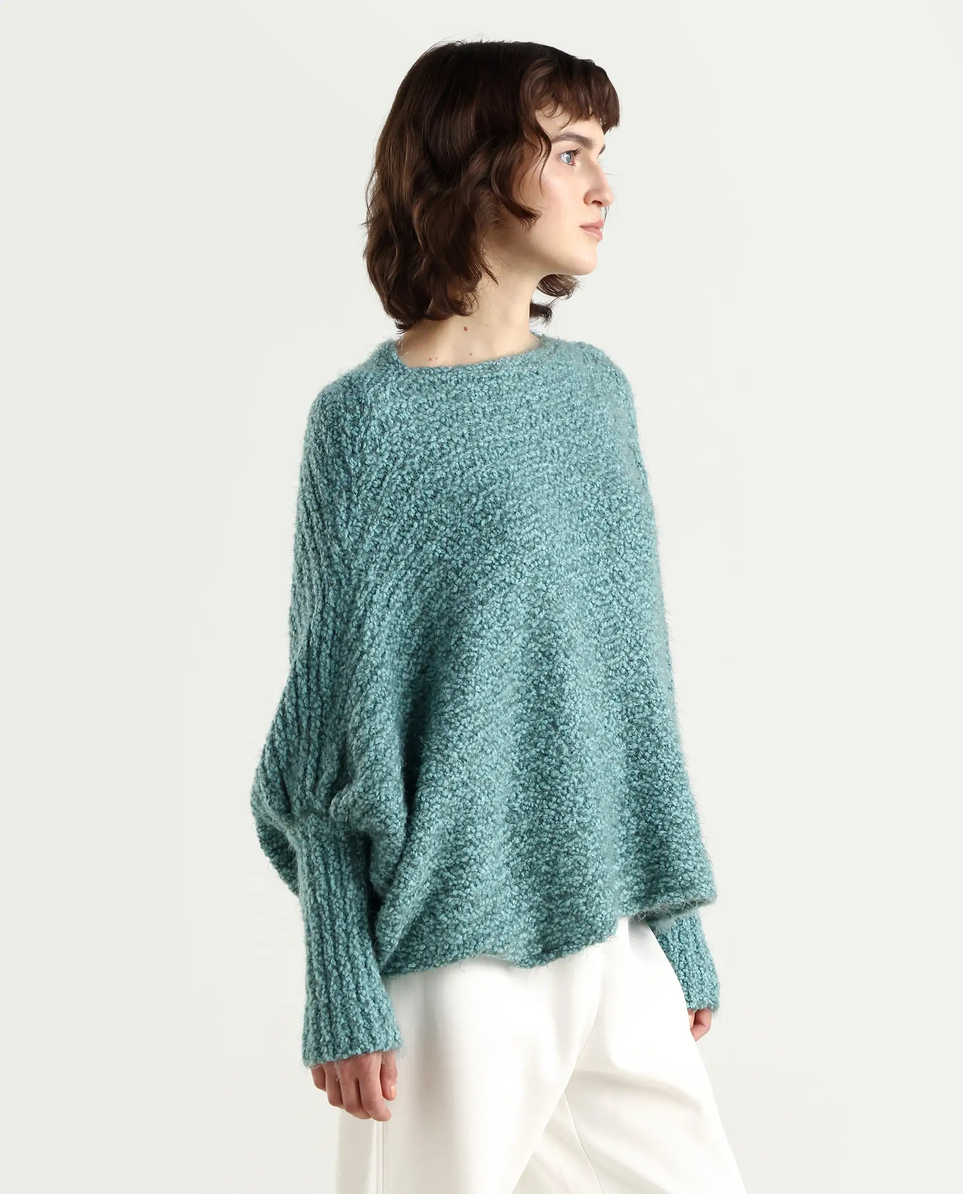 Rareism Women's Taro Teal Polyester Off Shoulder Plain Relaxed Fit Sweater