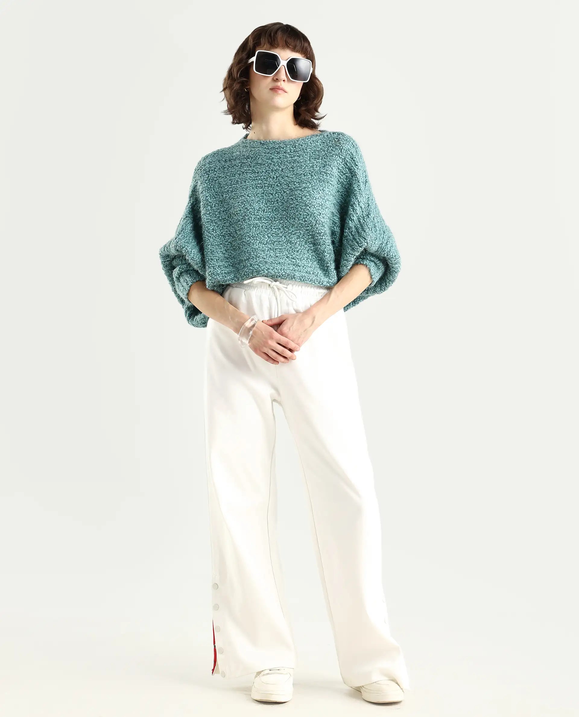 Rareism Women's Taro Teal Polyester Off Shoulder Plain Relaxed Fit Sweater