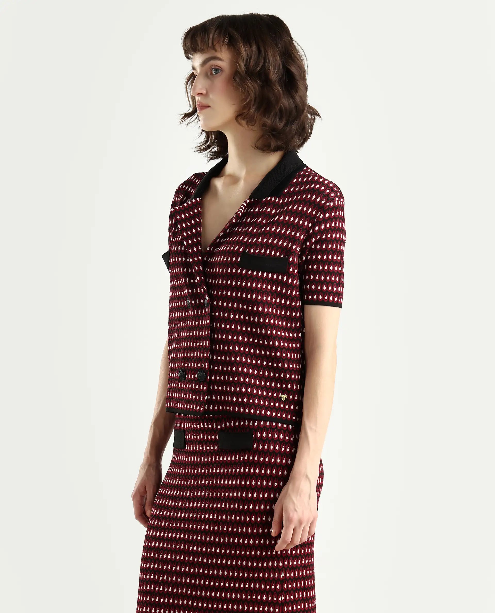 Rareism Women's Sanayi T Maroon Viscose Lapel Neck Geometric Print Midi Regular Fit Top