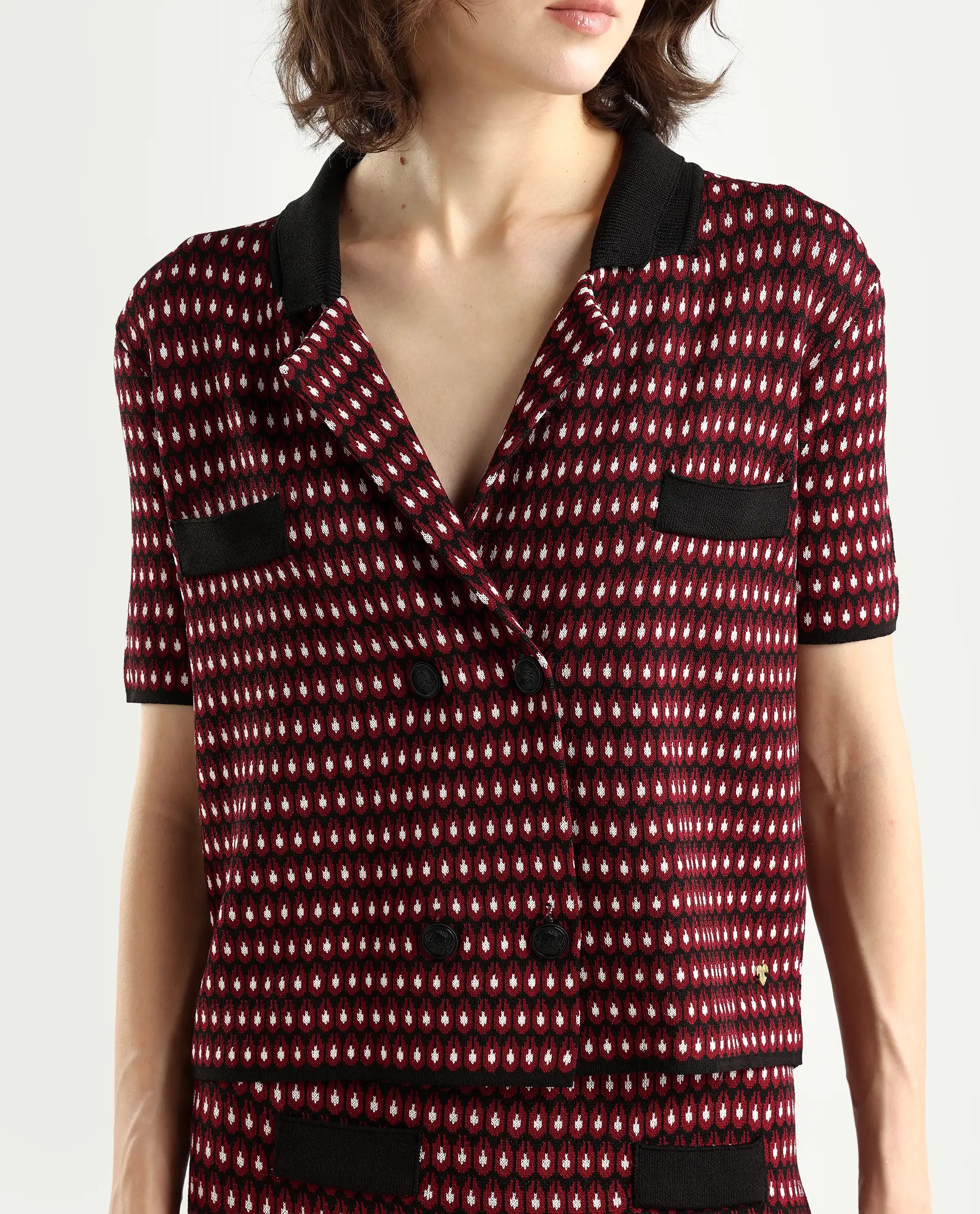 Rareism Women's Sanayi T Maroon Viscose Lapel Neck Geometric Print Midi Regular Fit Top