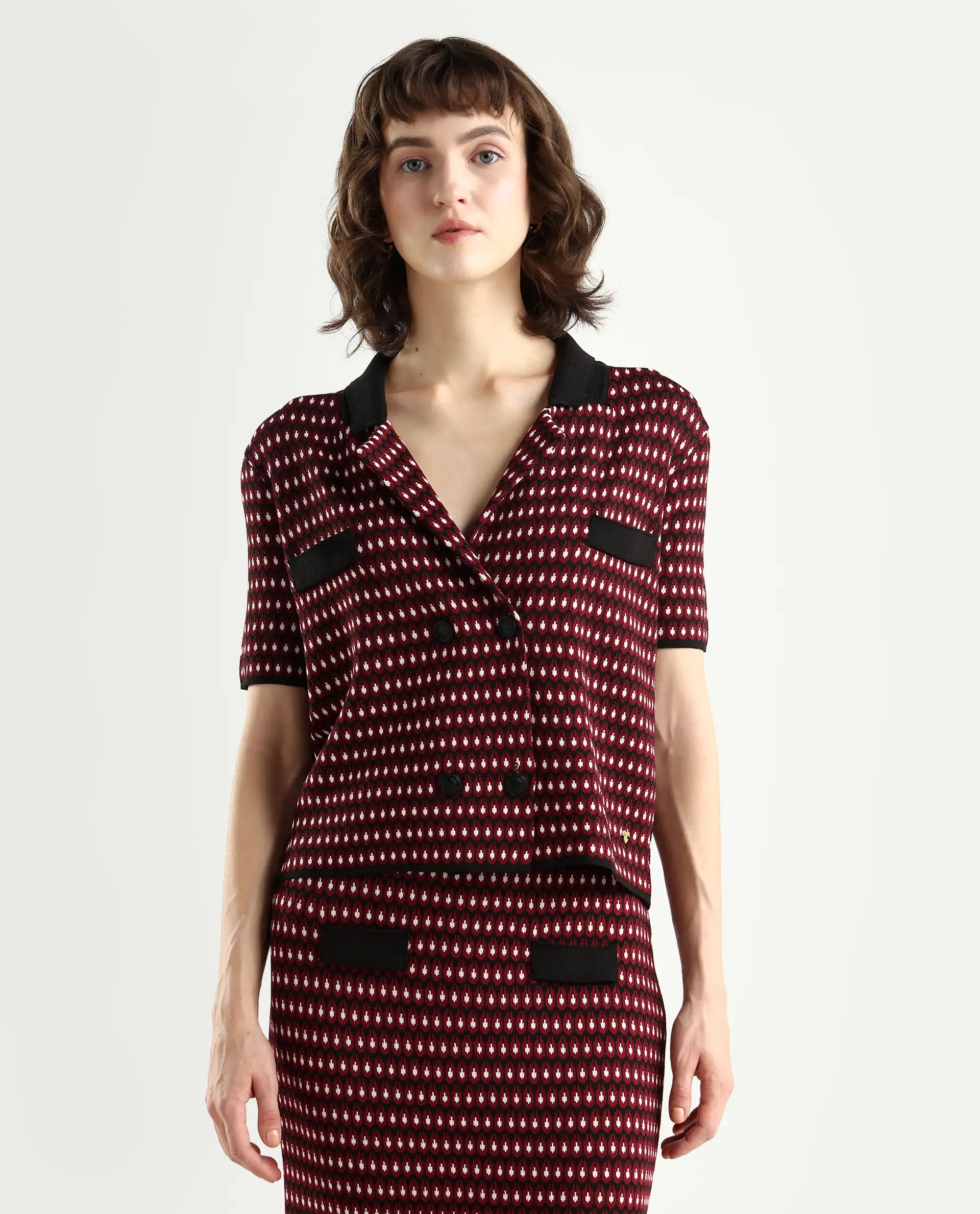 Rareism Women's Sanayi T Maroon Viscose Lapel Neck Geometric Print Midi Regular Fit Top