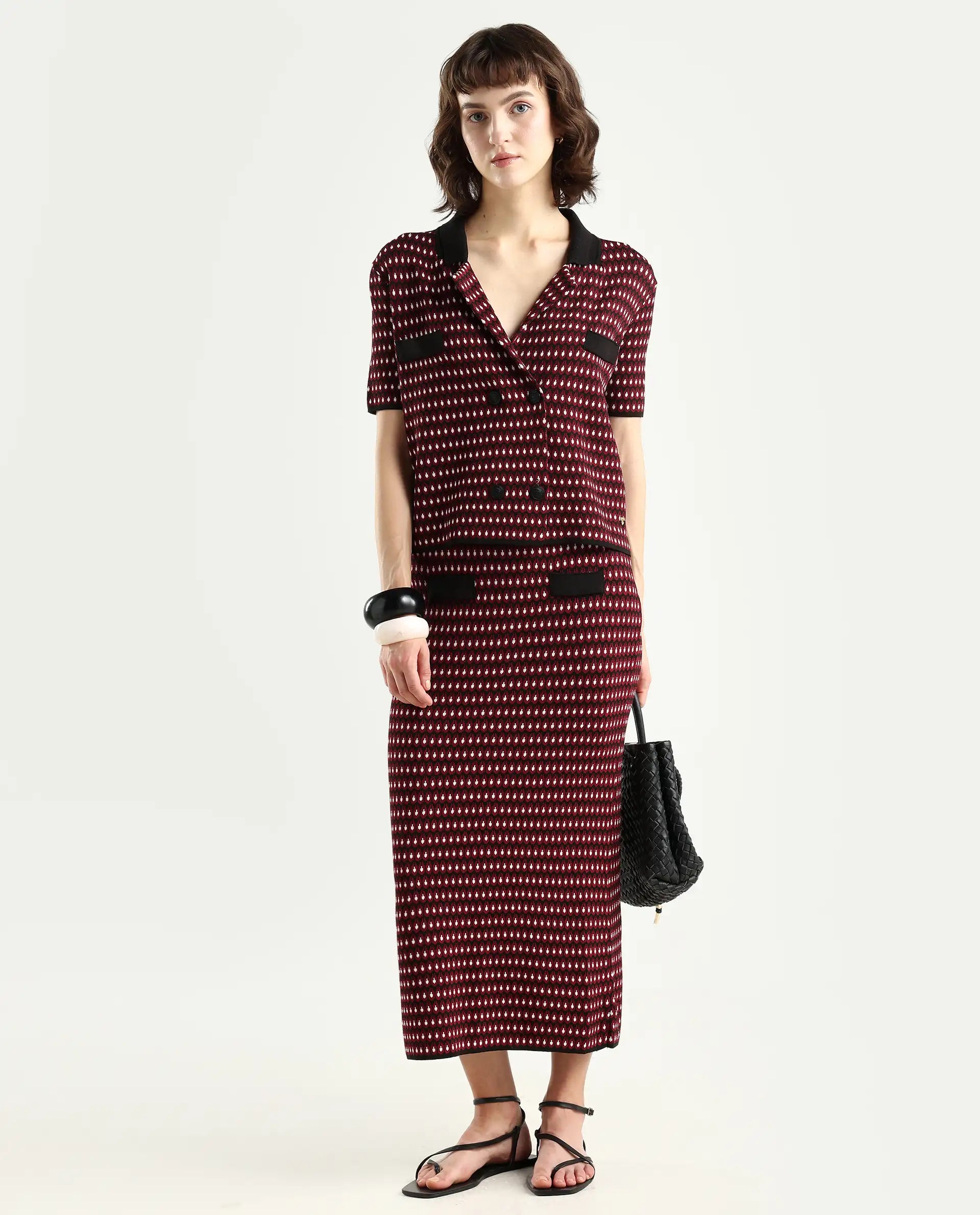 Rareism Women's Sanayi T Maroon Viscose Lapel Neck Geometric Print Midi Regular Fit Top