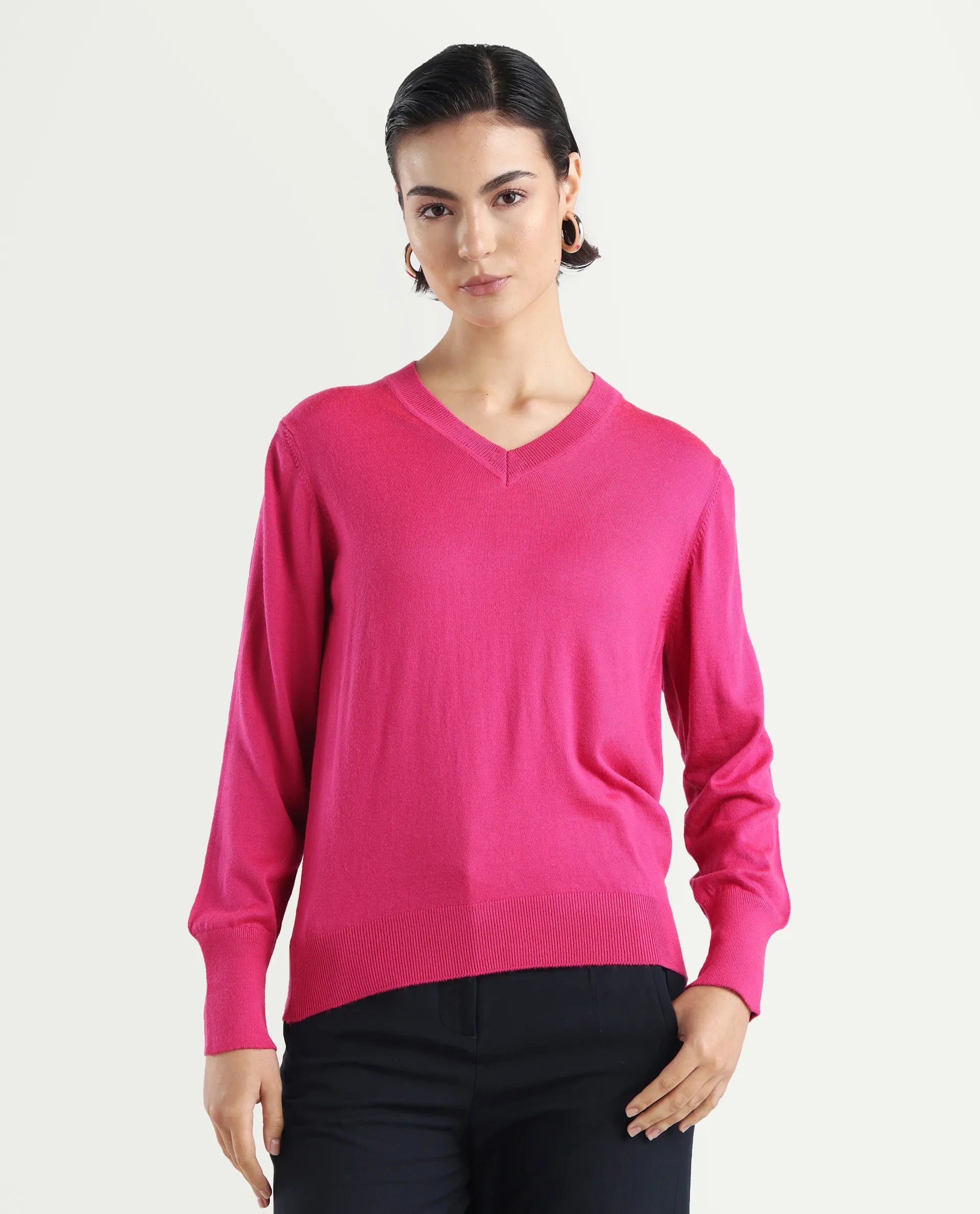Rareism Women's Usak Dark Multi Acrylic V-Neck Plain Regular Fitted Sweater
