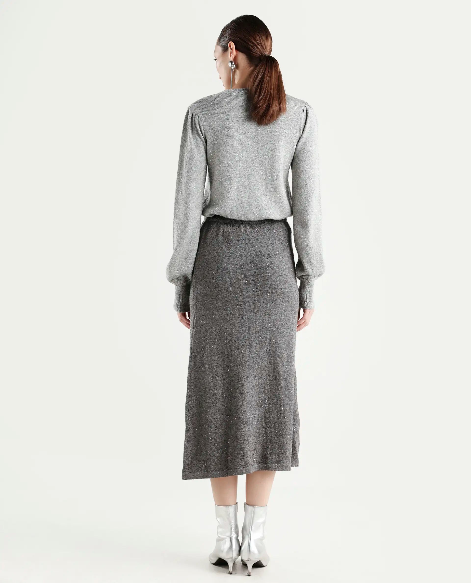 Rareism Women's Adiyaman B Dark Grey Polyester Plain Midi A-Line Skirt