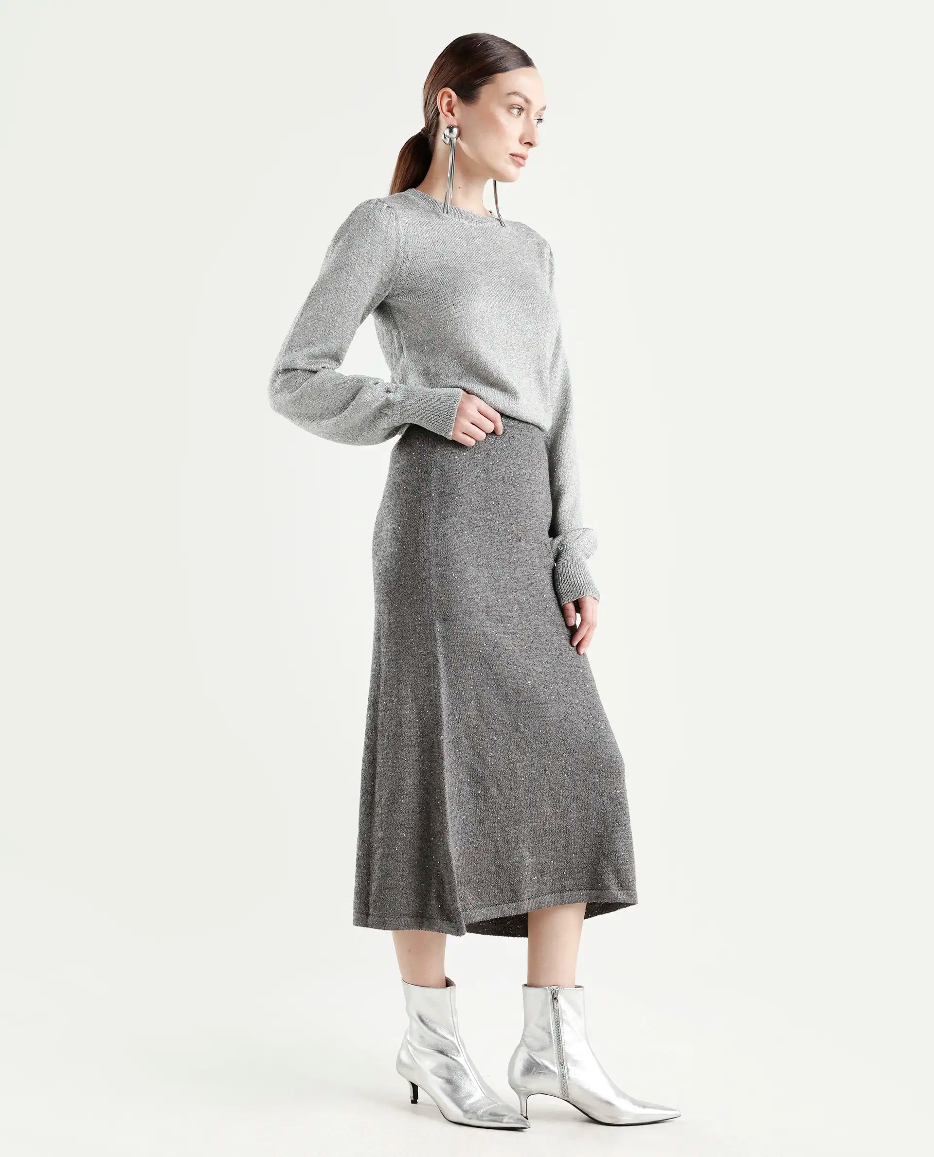Rareism Women's Adiyaman B Dark Grey Polyester Plain Midi A-Line Skirt