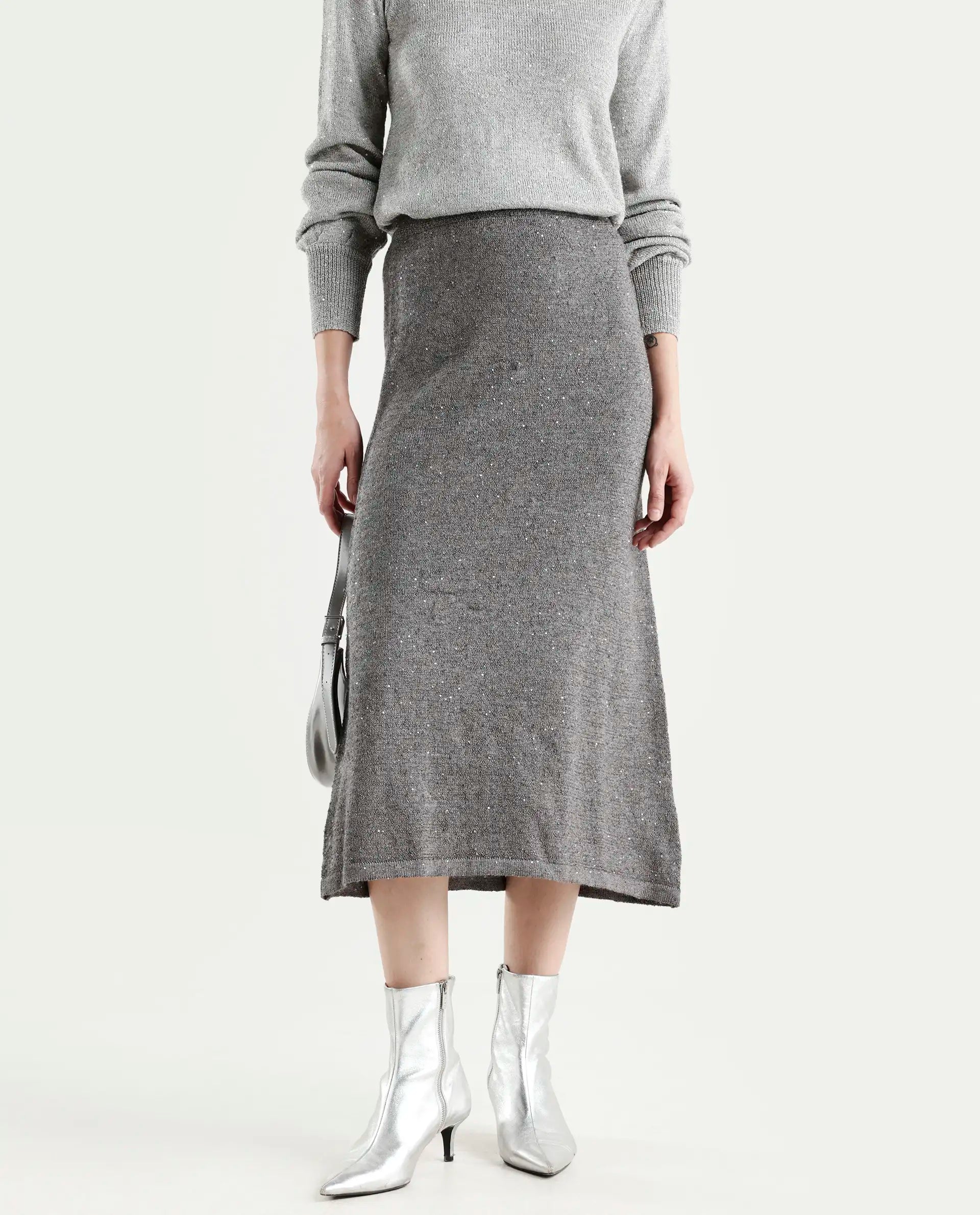 Rareism Women's Adiyaman B Dark Grey Polyester Plain Midi A-Line Skirt