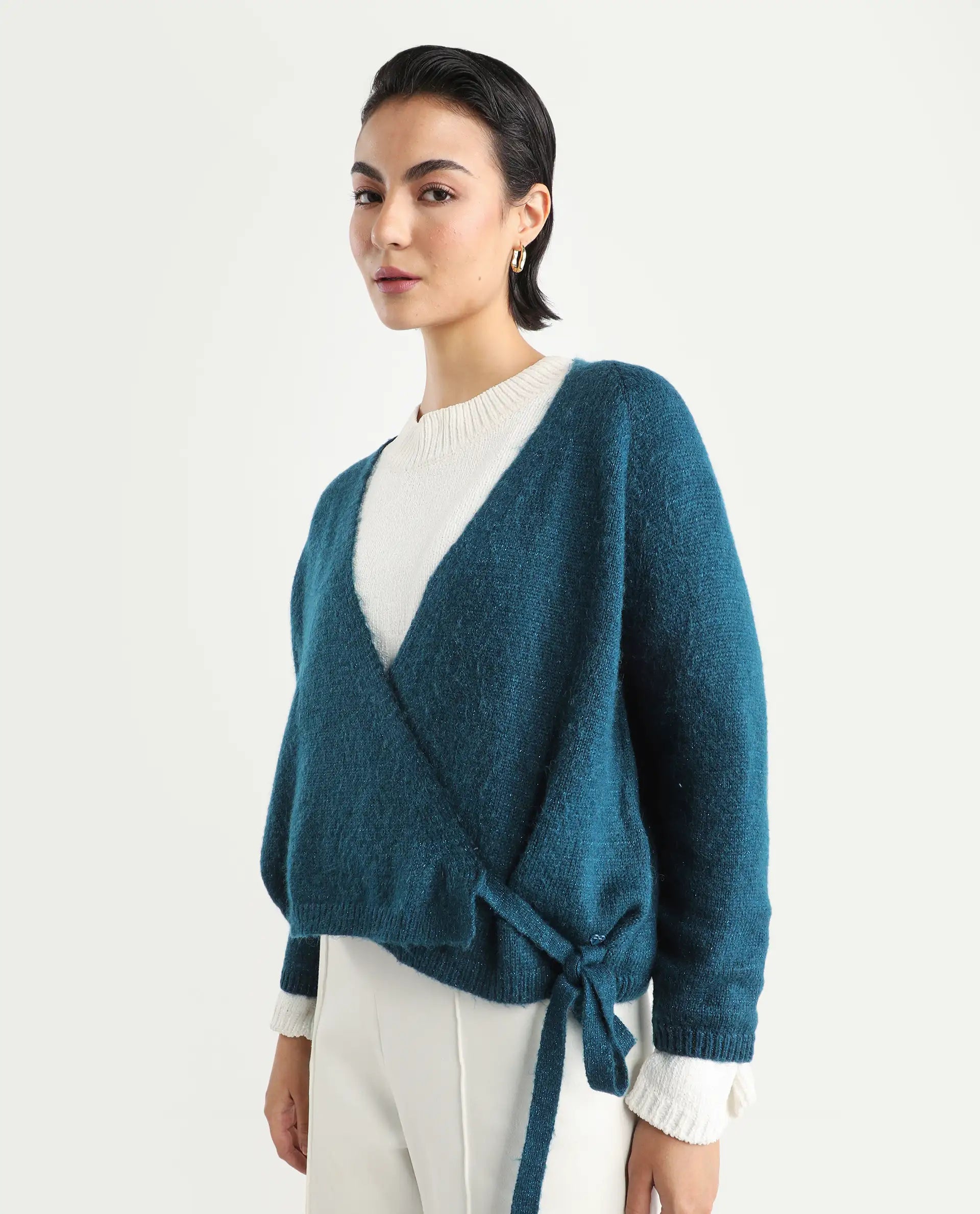 Rareism Women's Minjin Dark Teal Overlap Neck Plain Relaxed Fit Cardigan