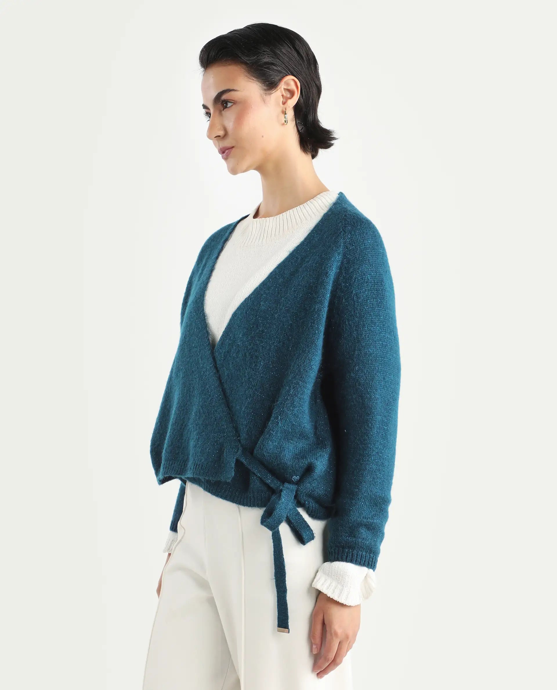 Rareism Women's Minjin Dark Teal Overlap Neck Plain Relaxed Fit Cardigan